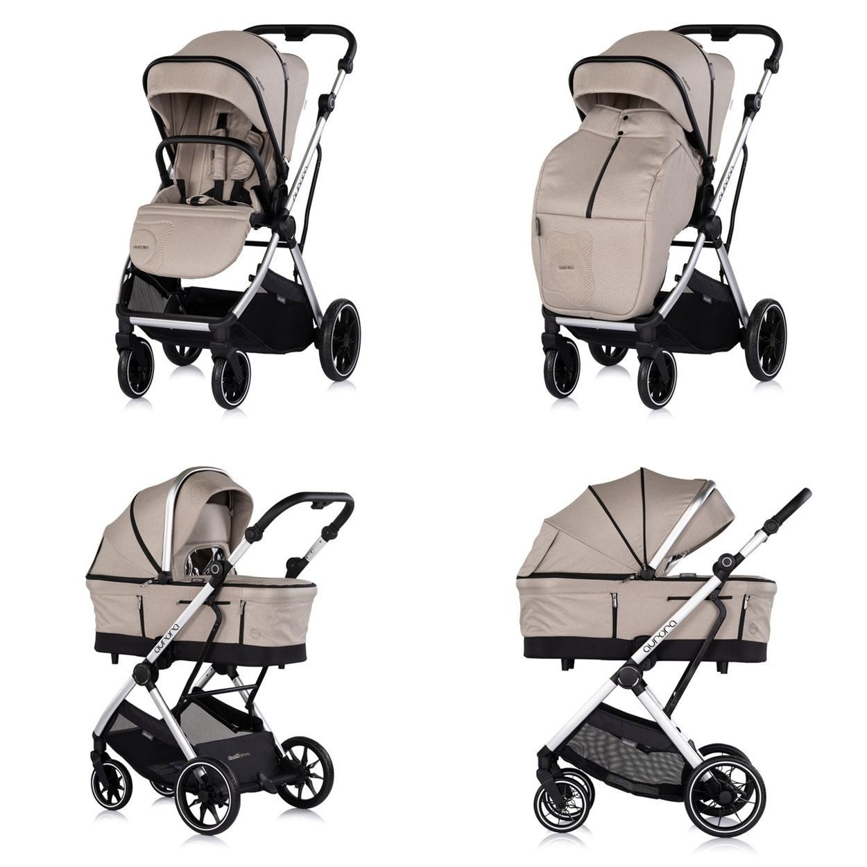 Chipolino Kombi-Kinderwagen Kombikinderwagen Aurora 3 in 1, Babyschale Babywanne Sportsitz Tasche