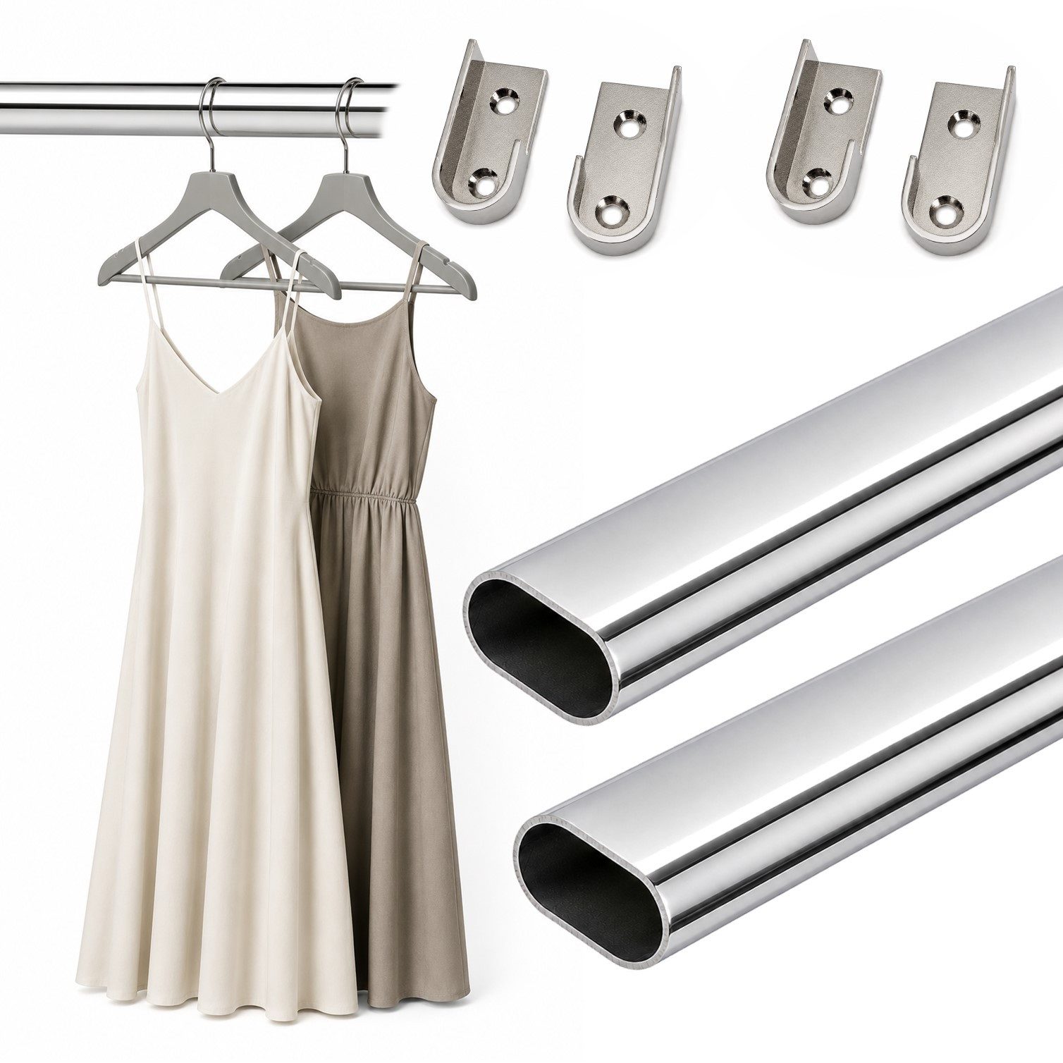 HOOZ Kleiderstange Schrankrohr Oval 50 - 120 cm Stahl inkl. Halter Silber 1er Set (Set, 2 St., 2 x Garderobenstange), Individuell kürzbar, geschliffene Rohrkanten, stabile Metallhalter