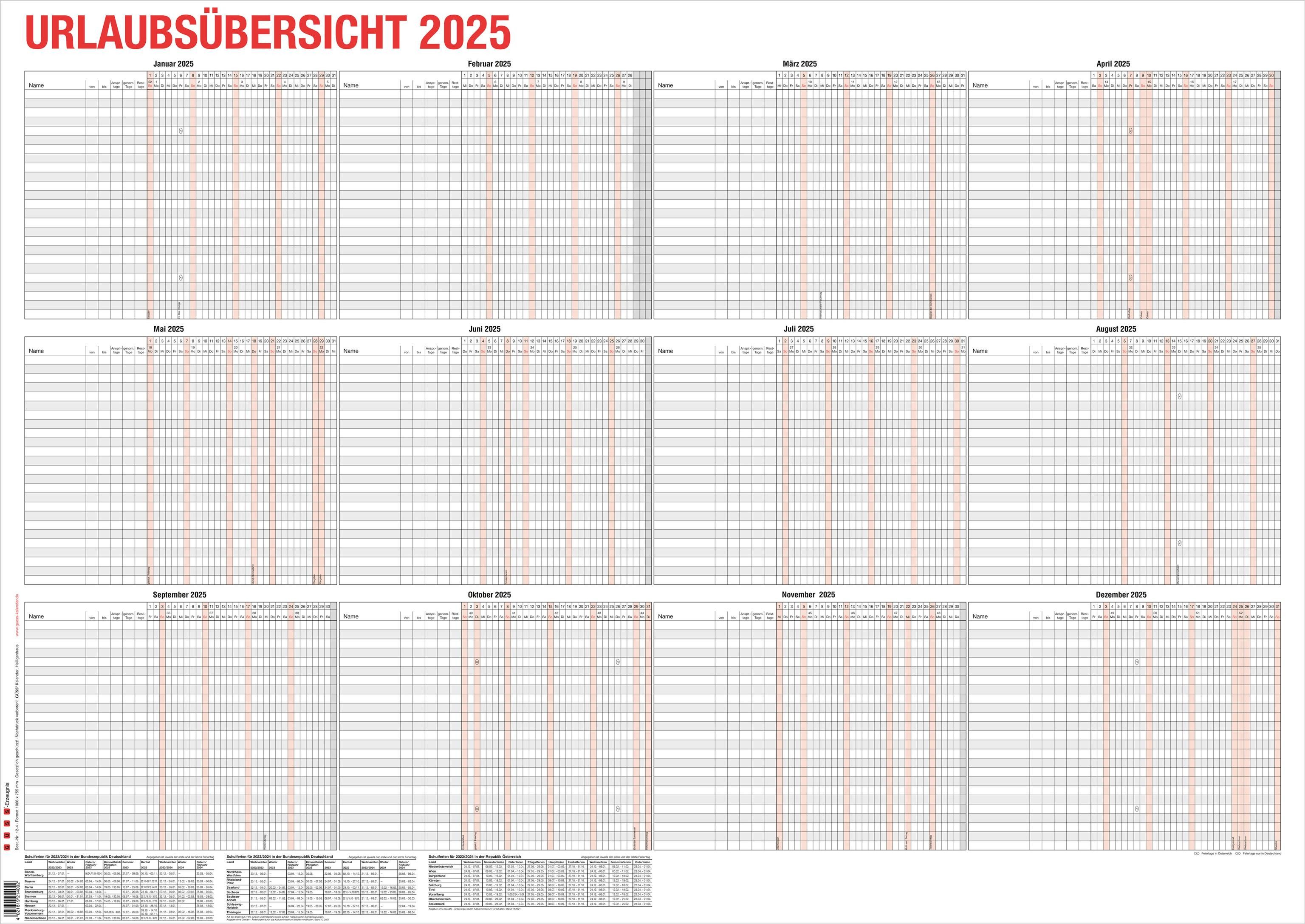 GÜSS Kalender Urlaubsplaner 2025 Güss Urlaubsübersicht 200250 Mitarbeiter max. 25 Mitarbeiter
