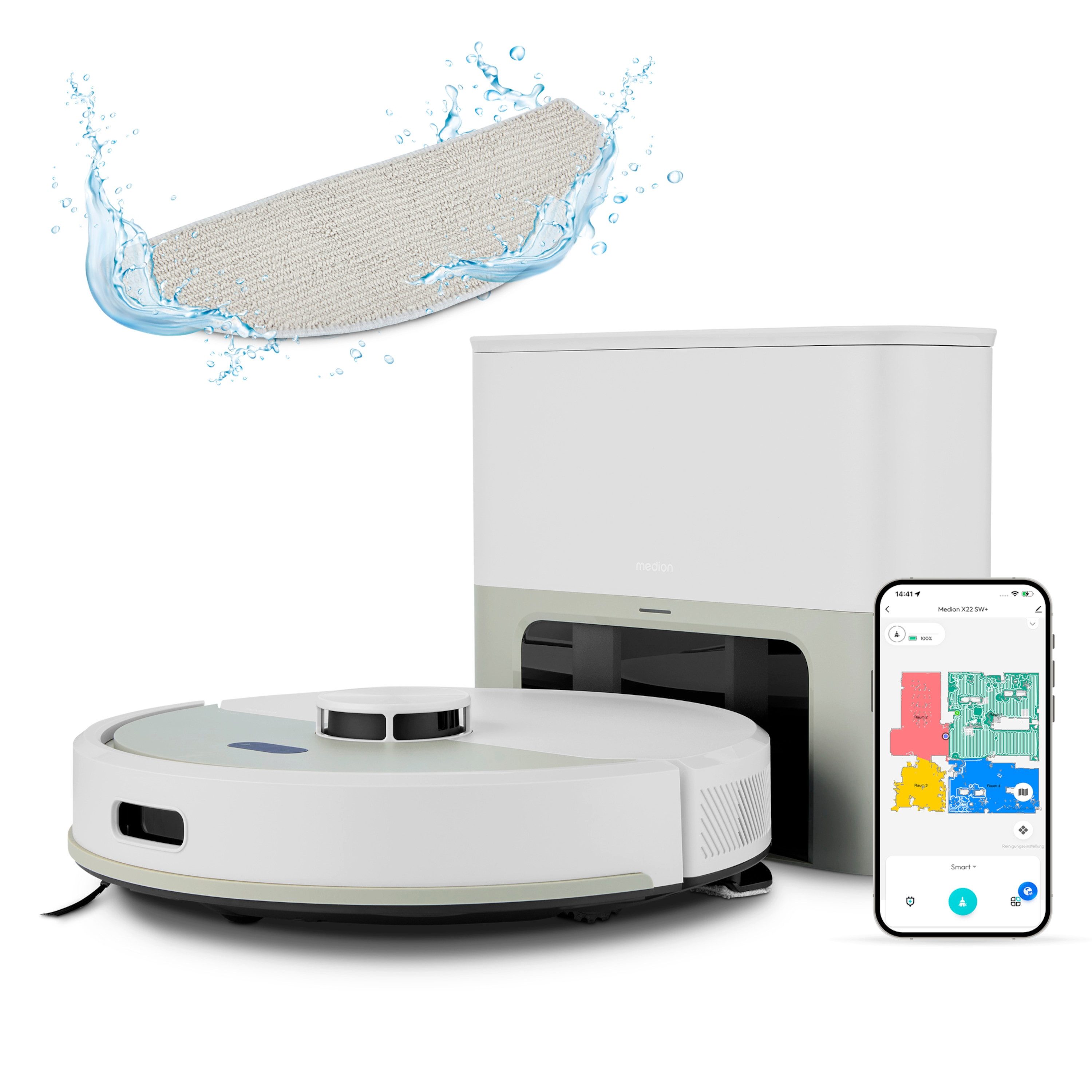 Medion® Saugroboter Smarter Saugroboter mit Wischfunktion und Absaugstation X22 SW+, beutellos, X22SW+