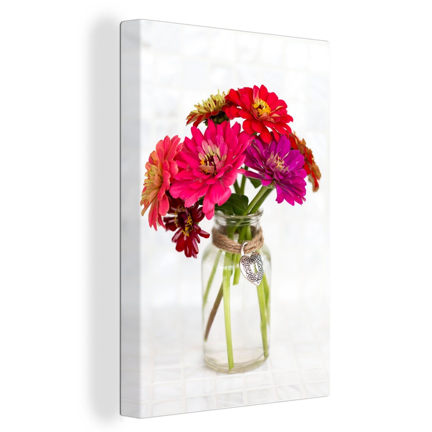 OneMillionCanvasses® Leinwandbild Vase voll mit bunten Zinnienpflanzen, (1 St), Leinwandbild fertig bespannt inkl. Zackenaufhänger, Gemälde, 20x30 cm