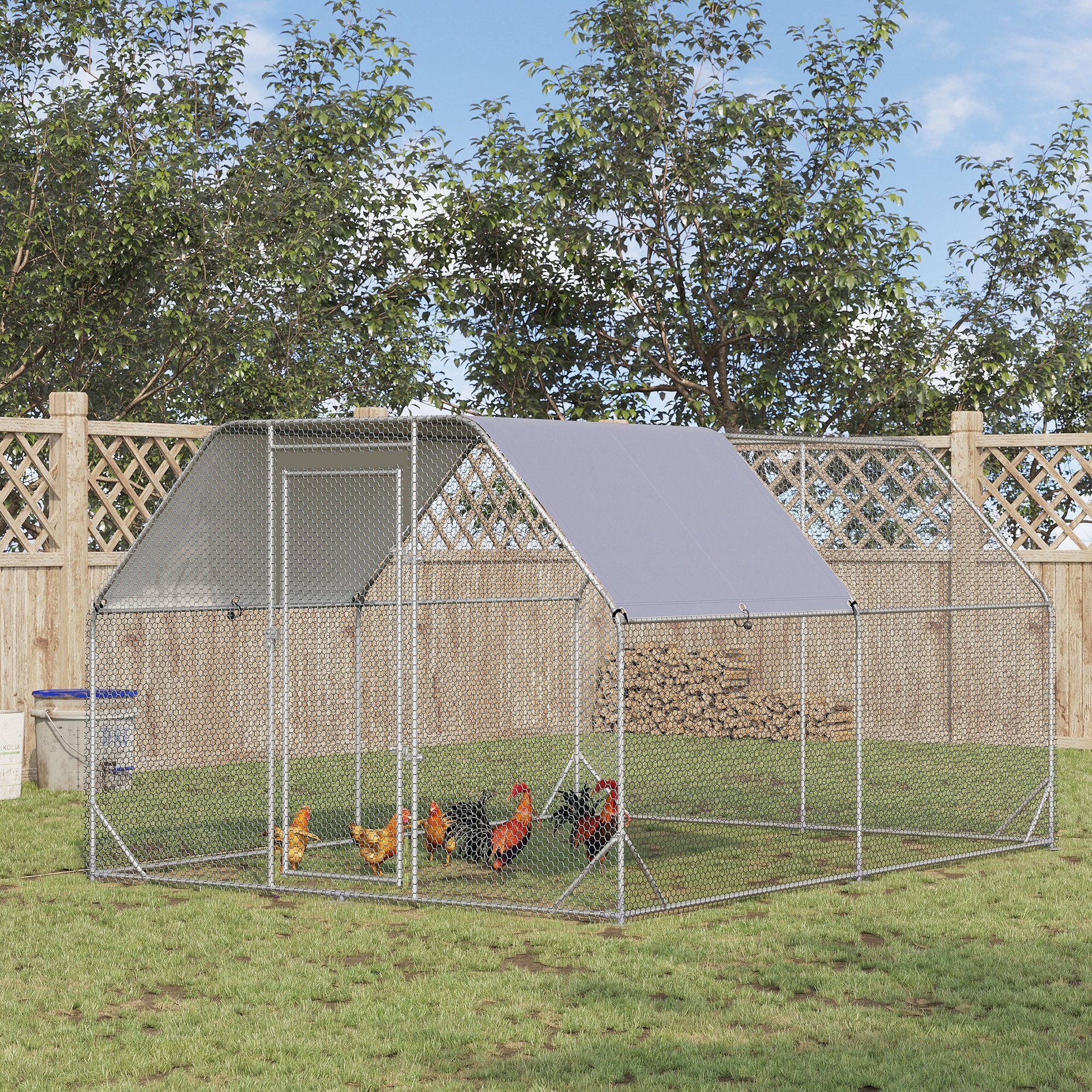 PawHut Hühnerstall Freilaufgehege, Hühnerkäfig mit Tür, Sonnenschutzdach, für Garten, Silber+Grau