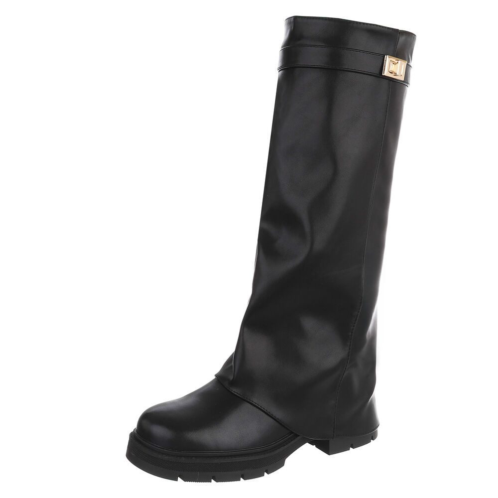 Damen Kniehoher Stiefel mit Profilsohle und Detail Plateaustiefel