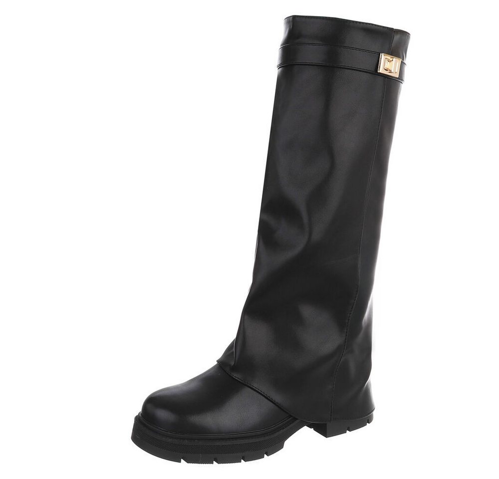 Ital-Design Damen Kniehoher Stiefel mit Profilsohle und Detail Plateaustiefel (91977449) Blockabsatz Stiefel in Schwarz