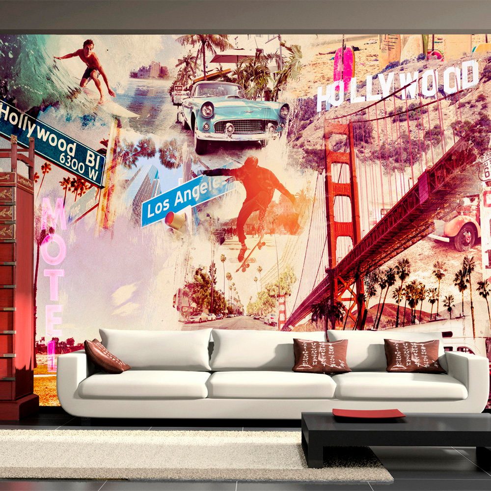KUNSTLOFT Vliestapete Hollywood, Miami, Los Angeles... 4x2.8 m, Halb-matt, lichtbeständige Design Tapete