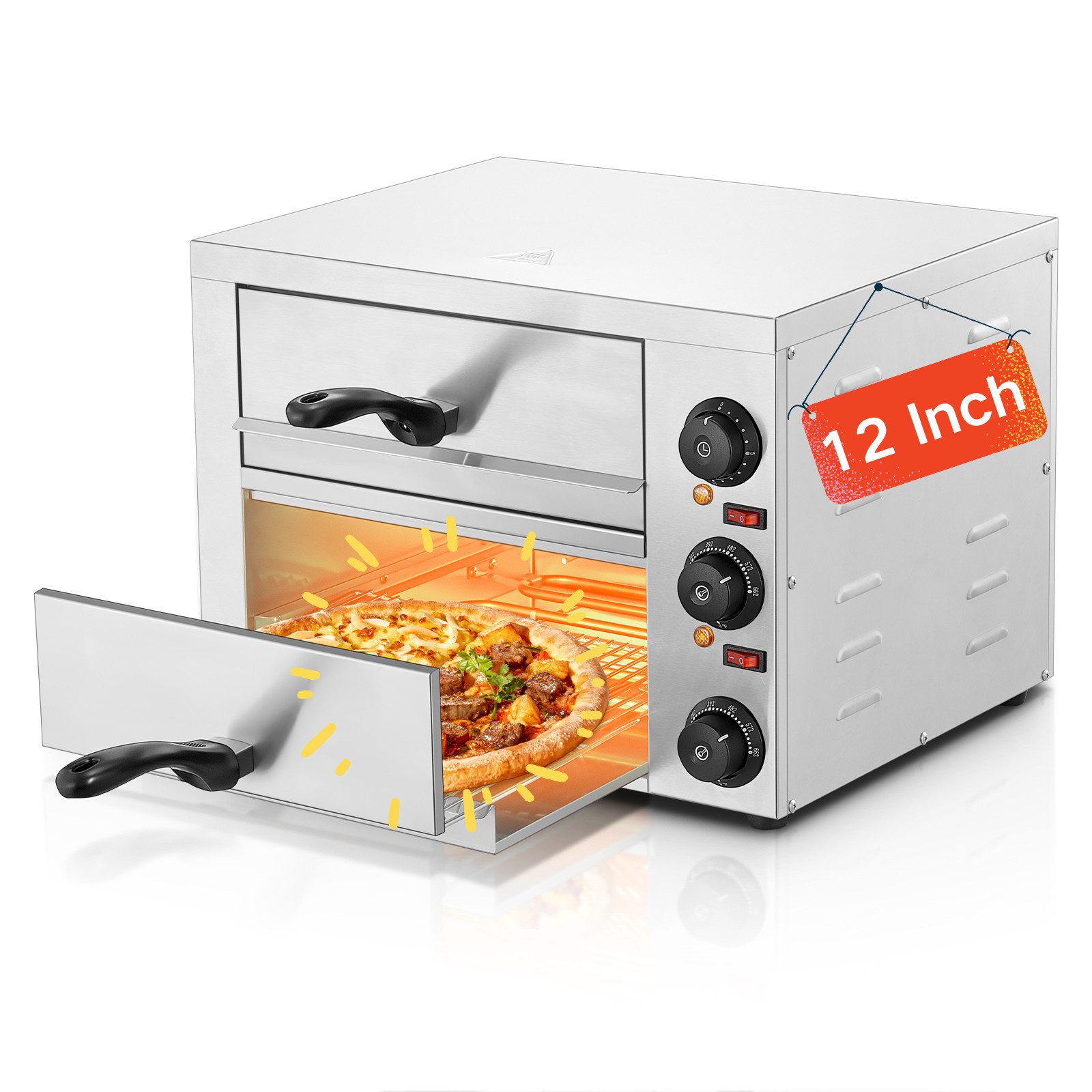 FOHERE Pizzaofen Pizza Backofen 3000W, 2 Kammern Ø 30 cm Pizzabäcker, 350°C, 15-Min-Timer