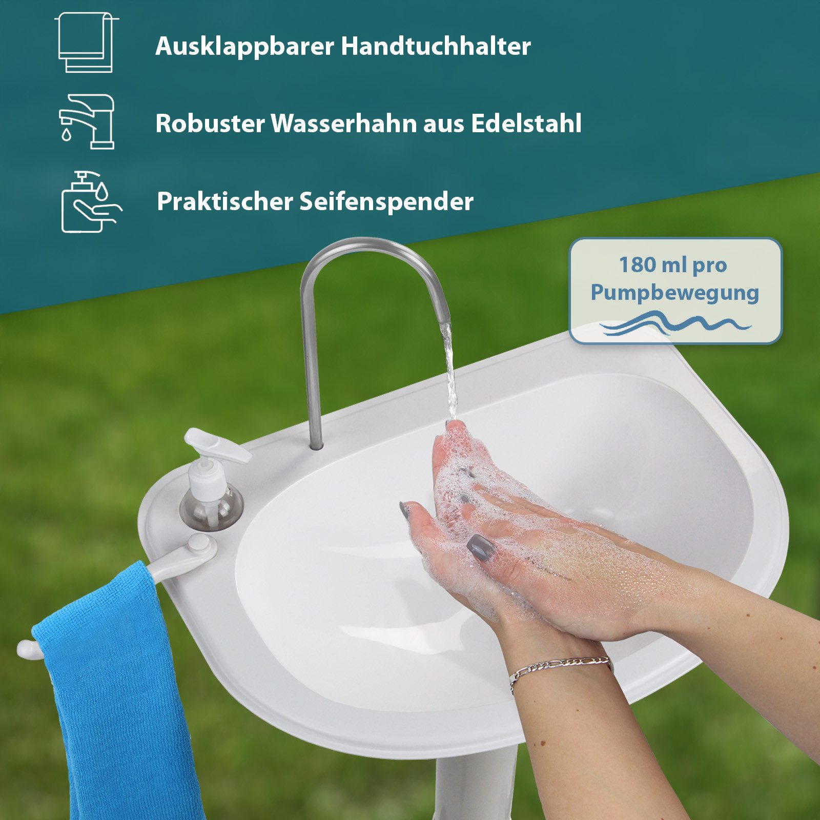 Montafox Waschbecken Mobiles Camping Handwaschbecken mit Fußpumpe und Seifenspender