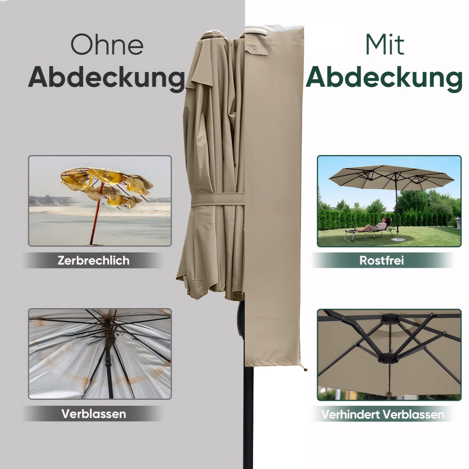 Sekey Sonnenschirm-Schutzhülle für Doppelsonnenschirm Schutzhülle Terrassenschirm mit Handkurbel Oval, aus 600D Oxford, mit Stab und Reißverschluss, Winterfest, – Bild 5 von 5