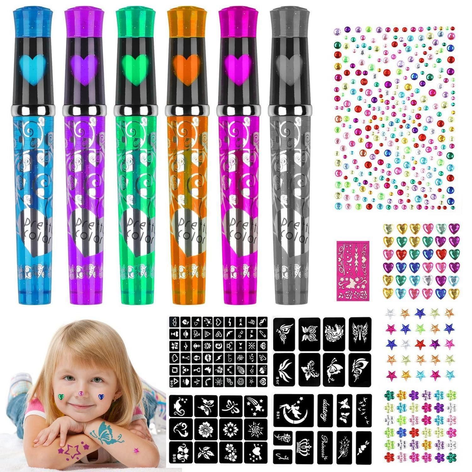 LuxusKollektion Kindertattoo Tattoo Stifte Set mit Schablone & Glitzer