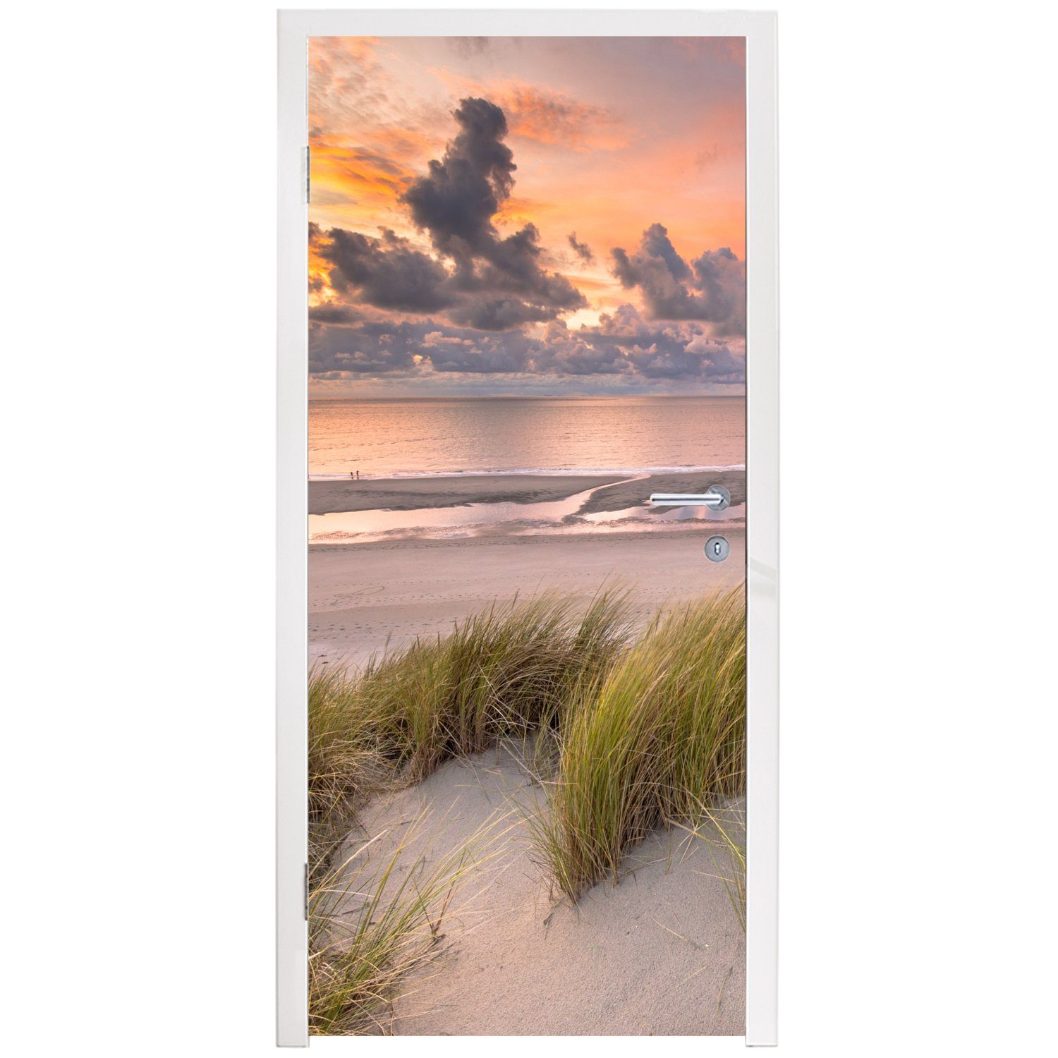 St), Fototapete für Strand Pflanzen Meer, Düne - cm - MuchoWow 75x205 Sonnenuntergang - Türaufkleber, - (1 bedruckt, Türtapete Tür, Matt,