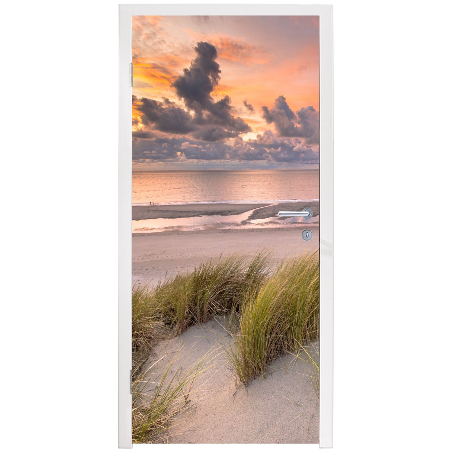 MuchoWow Türtapete Matt, St), Pflanzen cm - Tür, - Strand (1 Düne - Türaufkleber, - bedruckt, Sonnenuntergang für 75x205 Fototapete Meer,