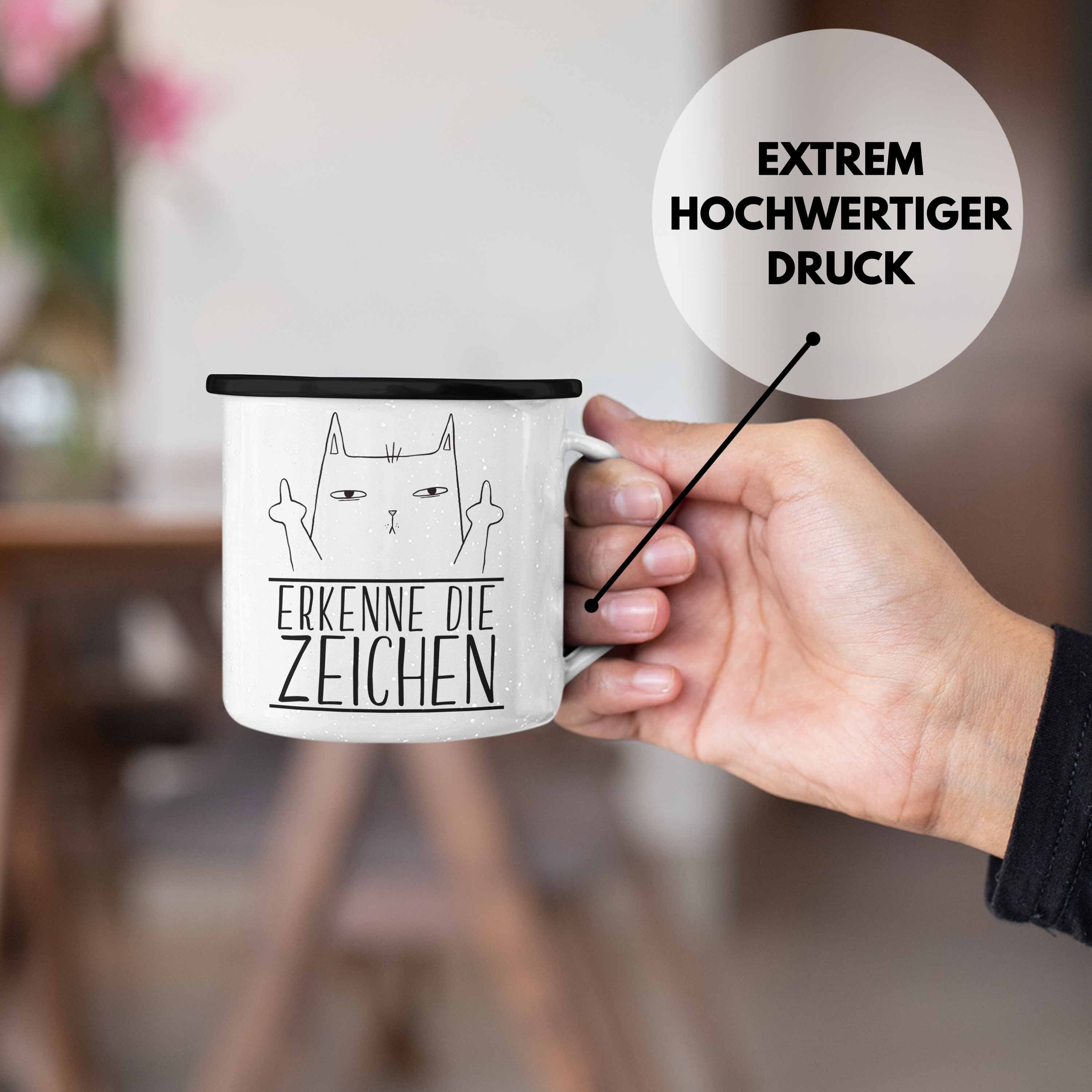 Trendation Geschenkidee Tasse - Die Katzenliebhaber Katze Geschenk Trendation Mittlerer Schwarz Erkenne Emaille Finger Zeichen Thermotasse