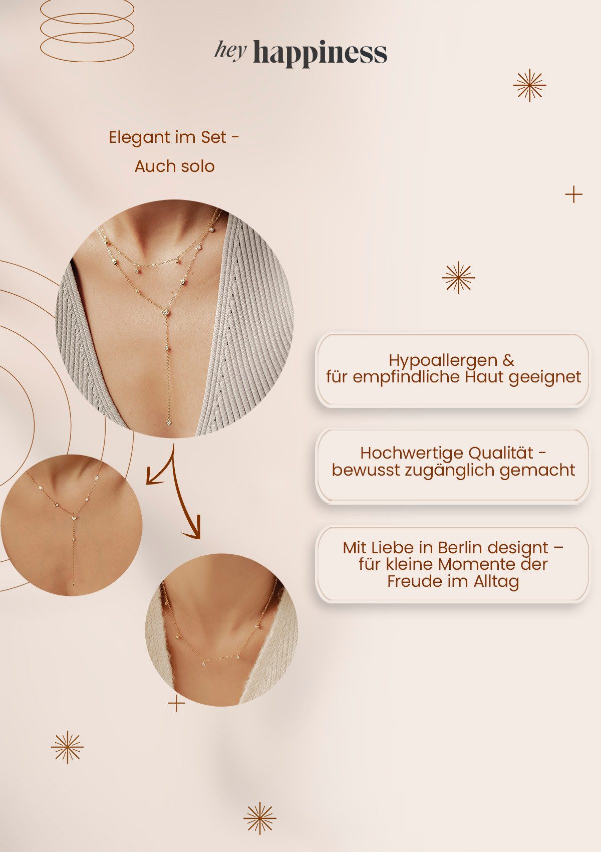 Hey Happiness Collierkettchen-Set Layer Luxuriöse Herzen, 925 Silber Halsketten Zirkonia, 18K Gold, 2er Damenketten Charms Liebe Kristall hängend, Brautschmuck