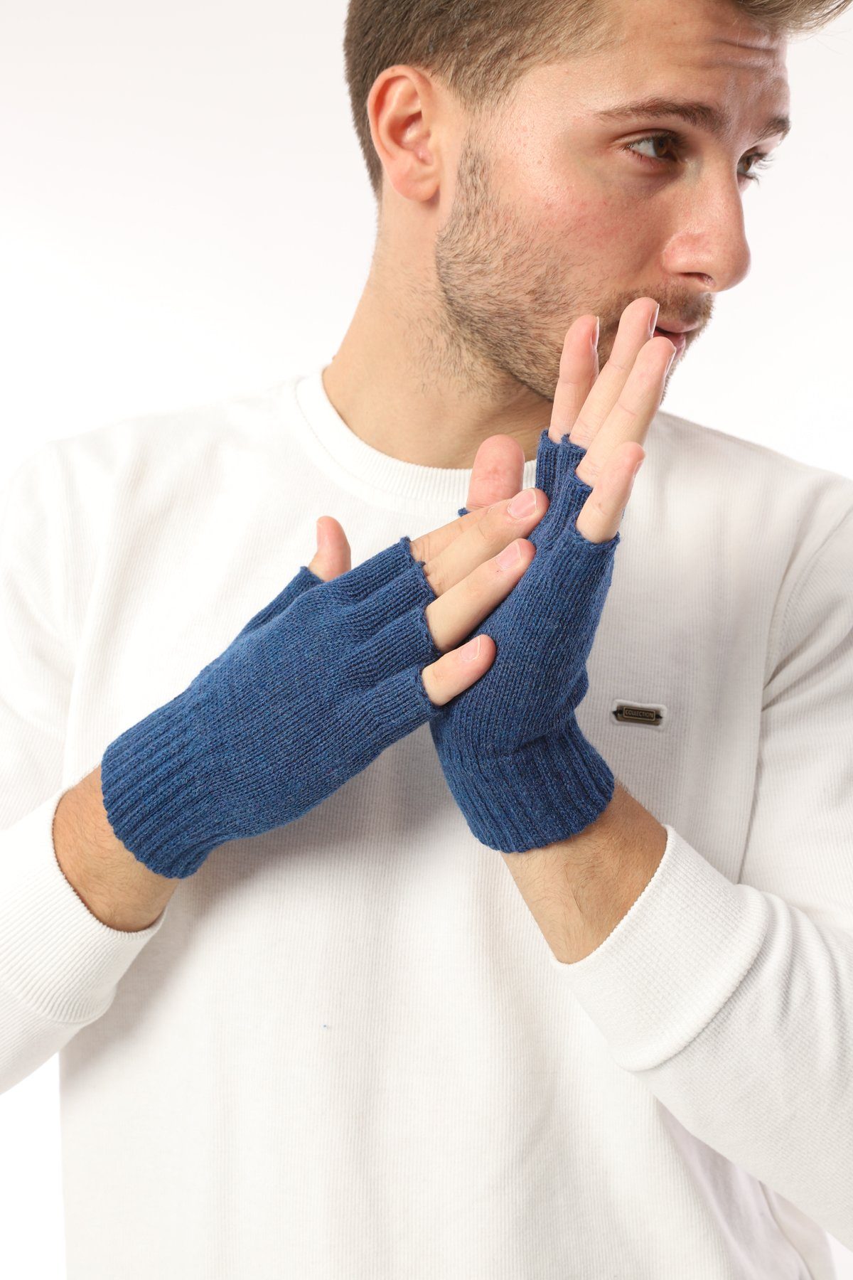 Damen Rippstrick fingerlose Herren Blau Strickhandschuhe Halbfinger Winterhandschuhe herémood