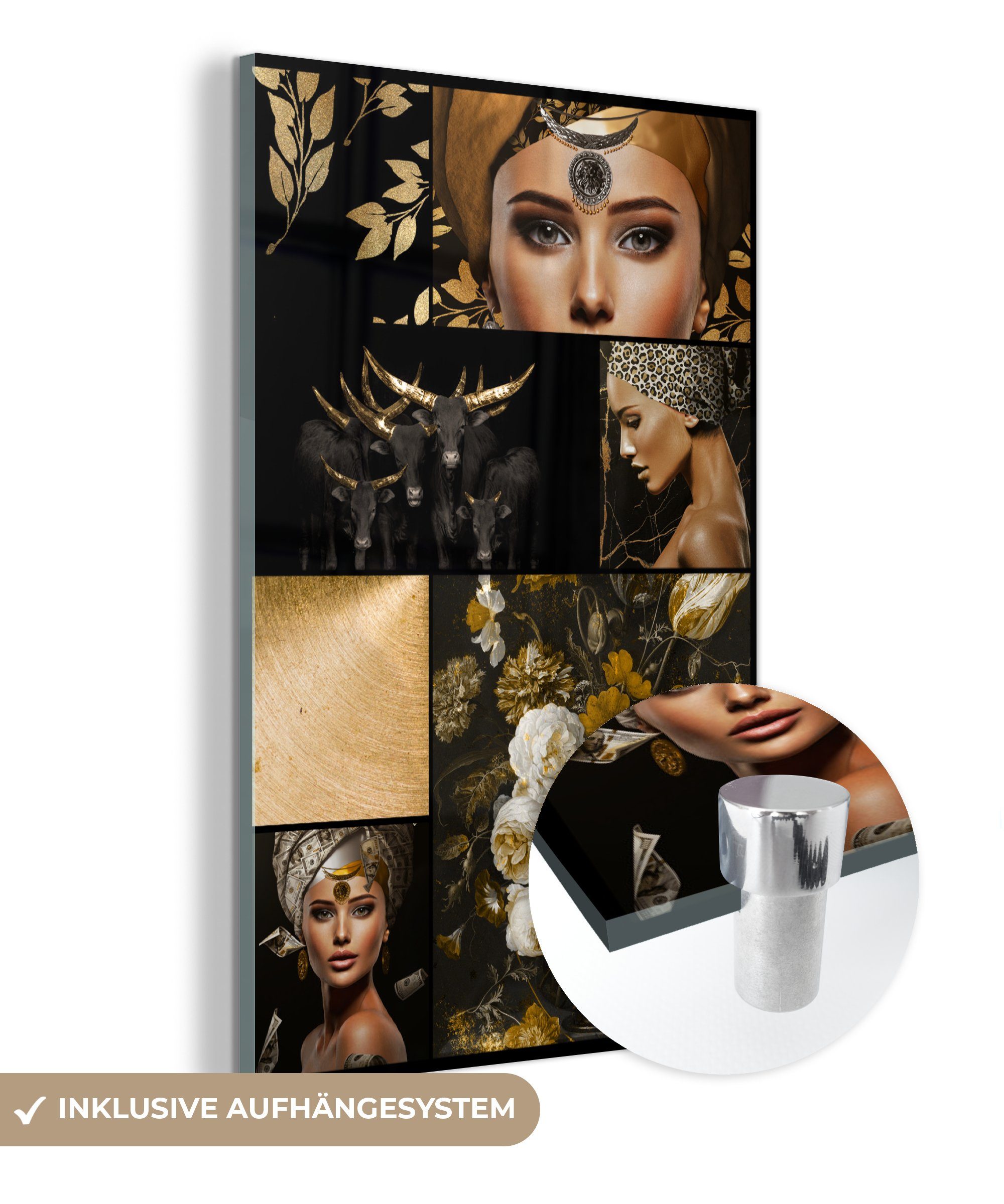 MuchoWow Acrylglasbild Schwarz - Gold - Frauen - Glitter, (1 St), Glasbilder - Bilder auf Glas Wandbild - Foto auf Glas - Wanddekoration bunt