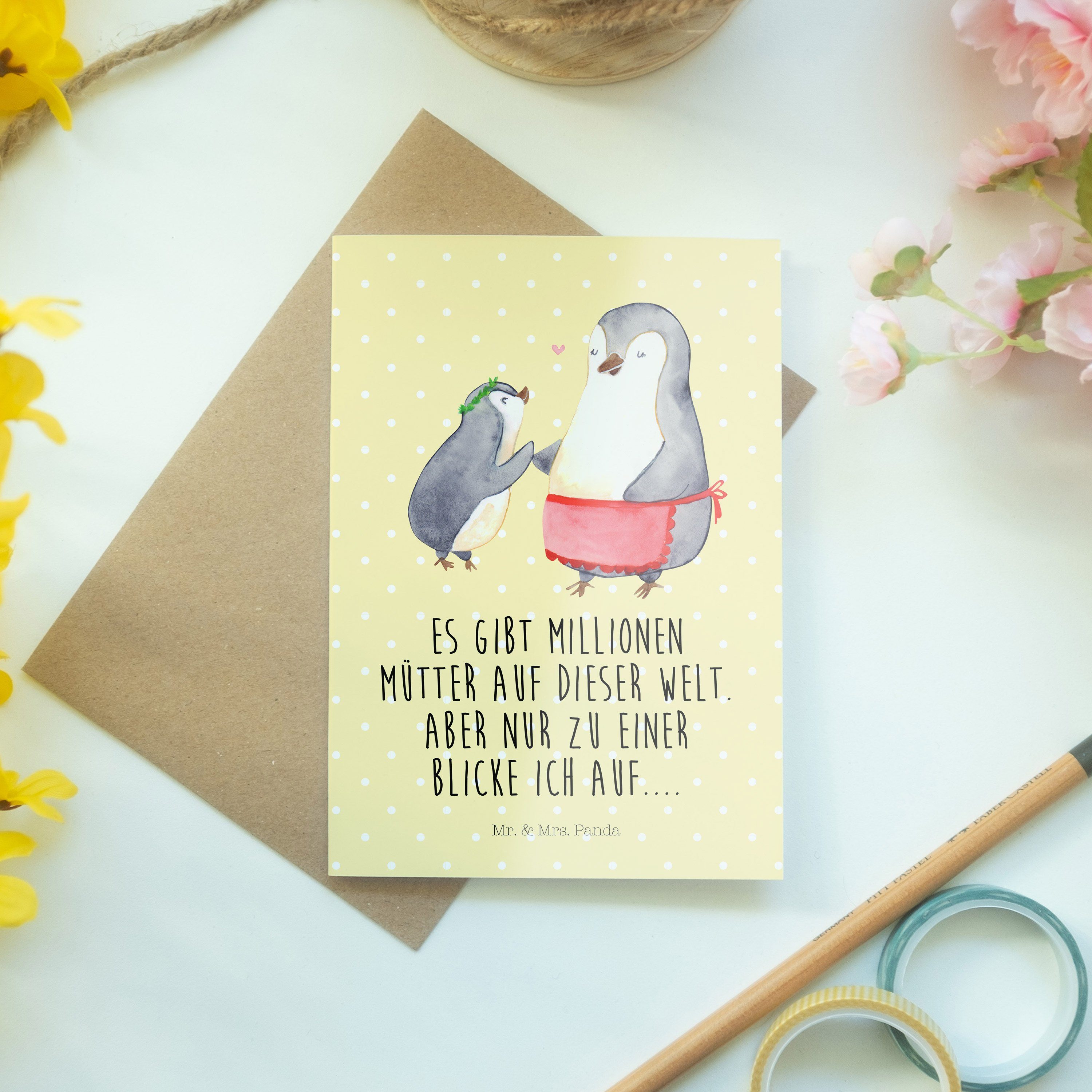 Pinguin & Gelb Panda - Klappkarte, - Grußkarte Mr. Kind Geschenk, Tochter, Mrs. Pastell Lieb mit