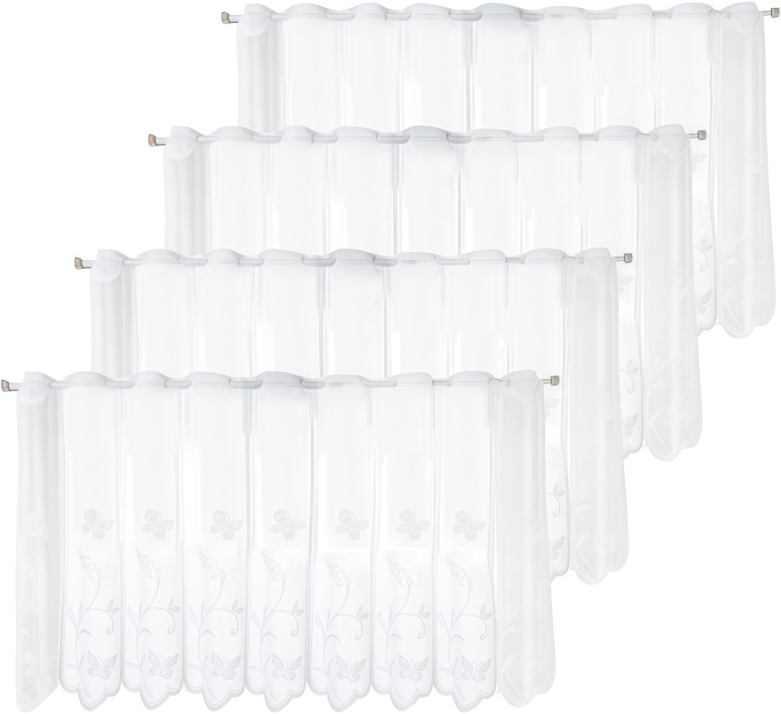 FOUORTUNATE-BEE Gardine 4er Set weiße Spitzen-Bistrogardinen 130×45 cm, halbtransparent (4 St), Bestickte Scheibengardinen für Küche & Wohnzimmer, modern
