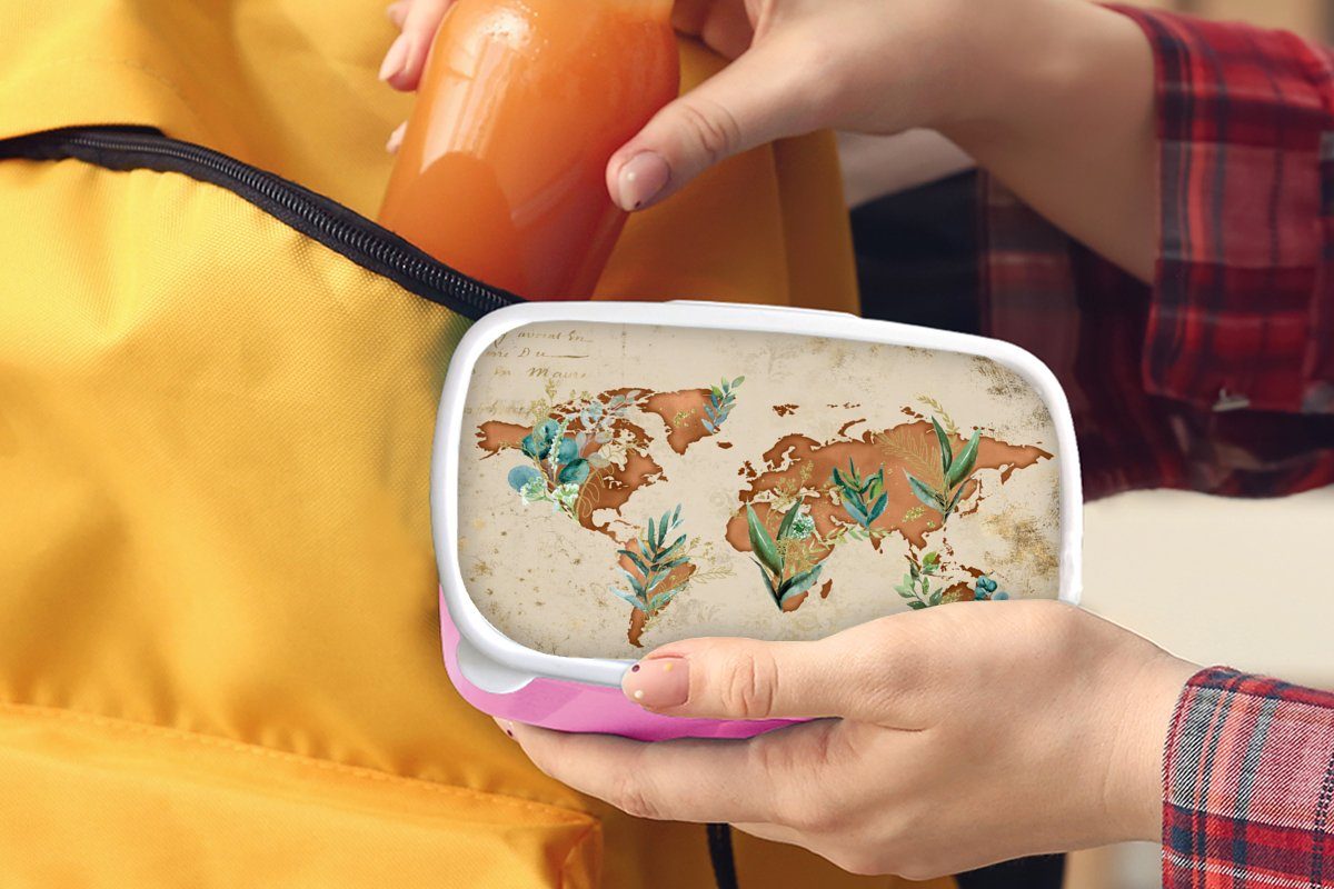 MuchoWow Lunchbox Kunststoff Erwachsene, - Weltkarte Brotbox Kunststoff, Papyrus Brotdose für - (2-tlg), rosa Snackbox, Kinder, Pflanzen, Mädchen