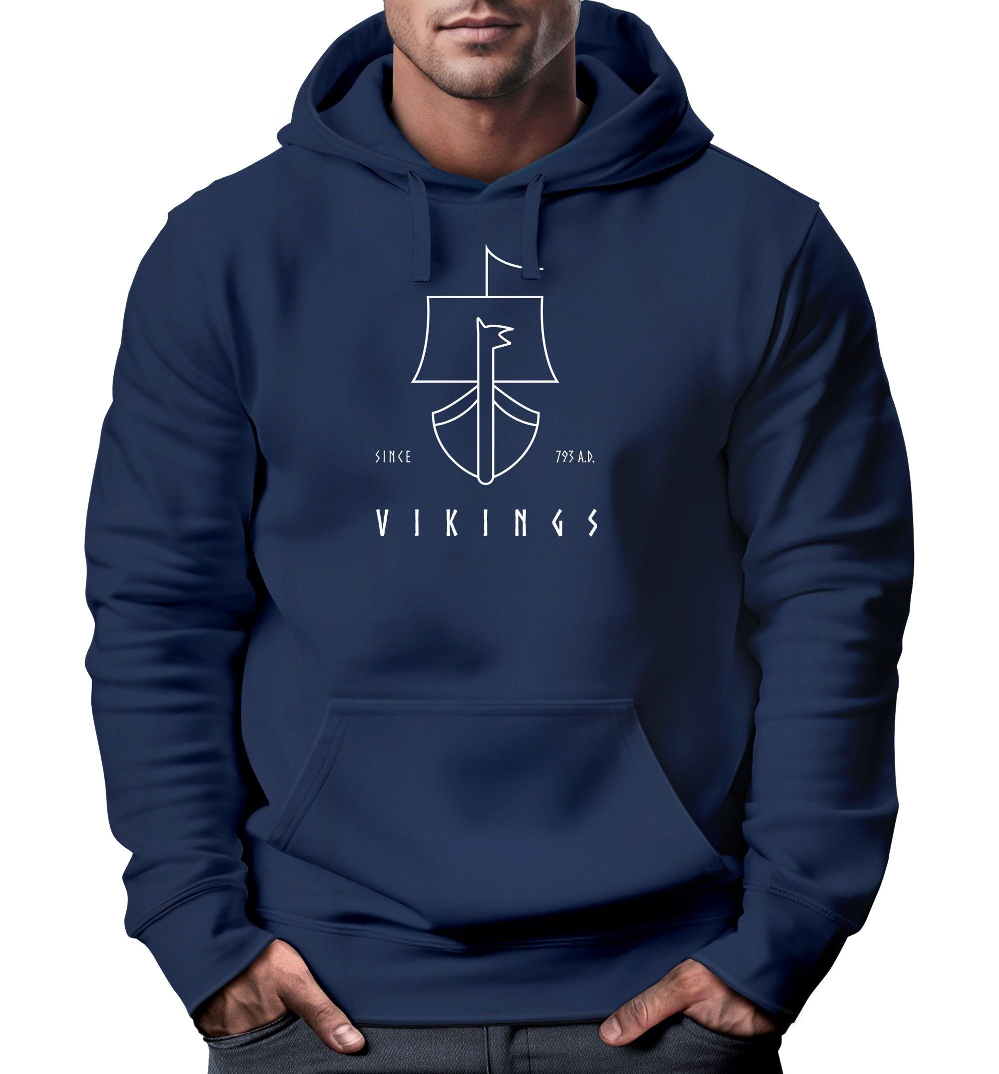 Neverless Hoodie Hoodie Herren Wikinger Schiff Vikings Lineart Kapuzen-Pullover Männer Neverless®