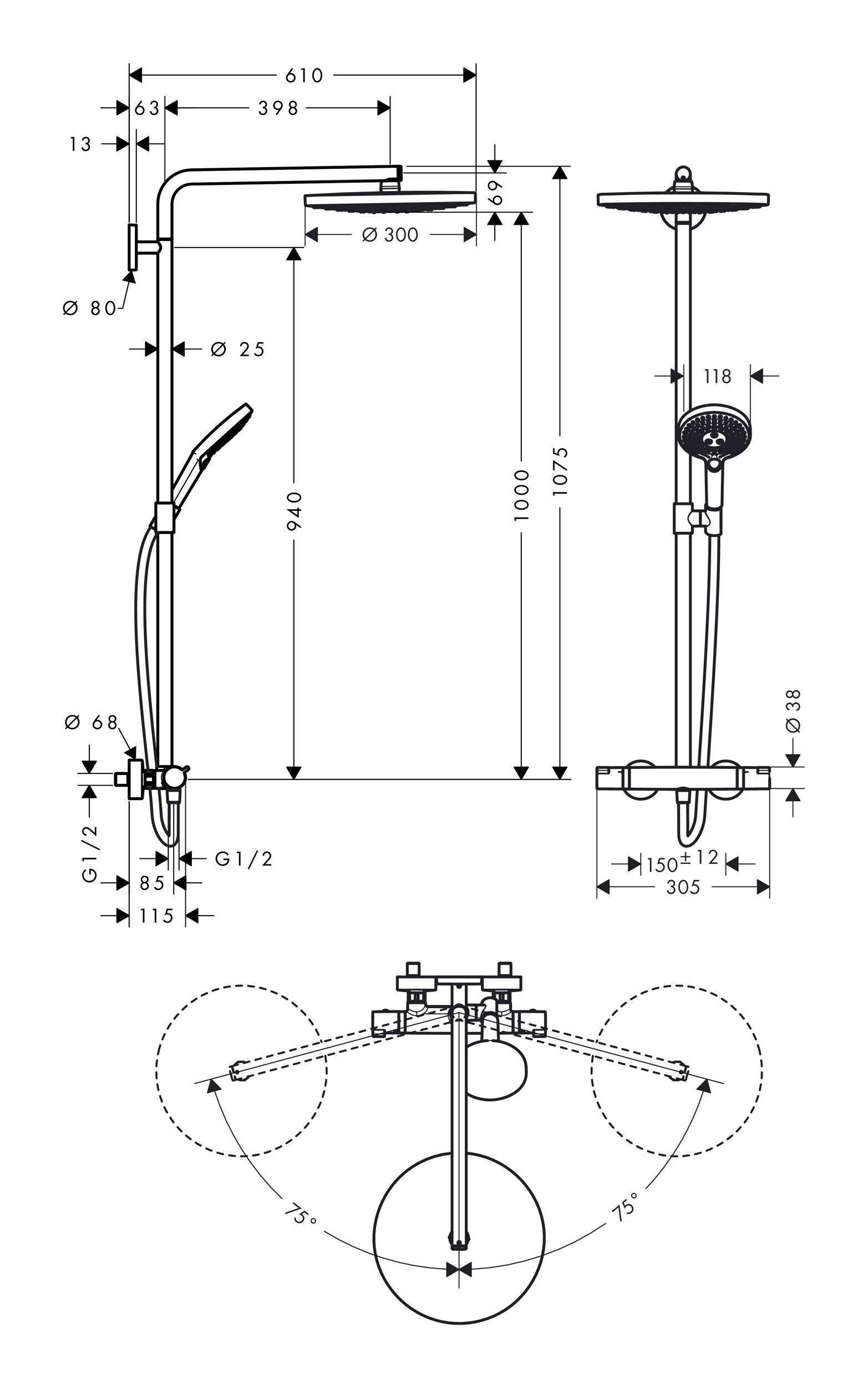 Select hansgrohe Raindance Chrom Showerpipe, 300 2jet Höhe S mit - 107.5 Thermostat Duschsystem cm,