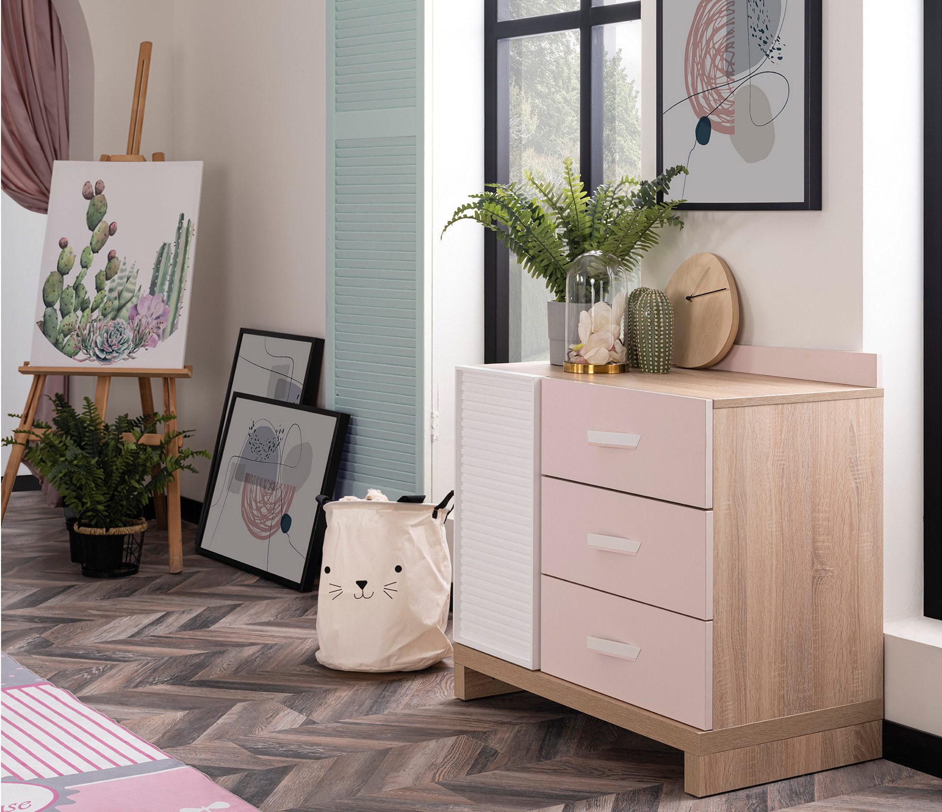 Möbel-Zeit Kommode CITY – Modernes Design in Weiß & Rosa – 3 Schubladen & 1 Tür
