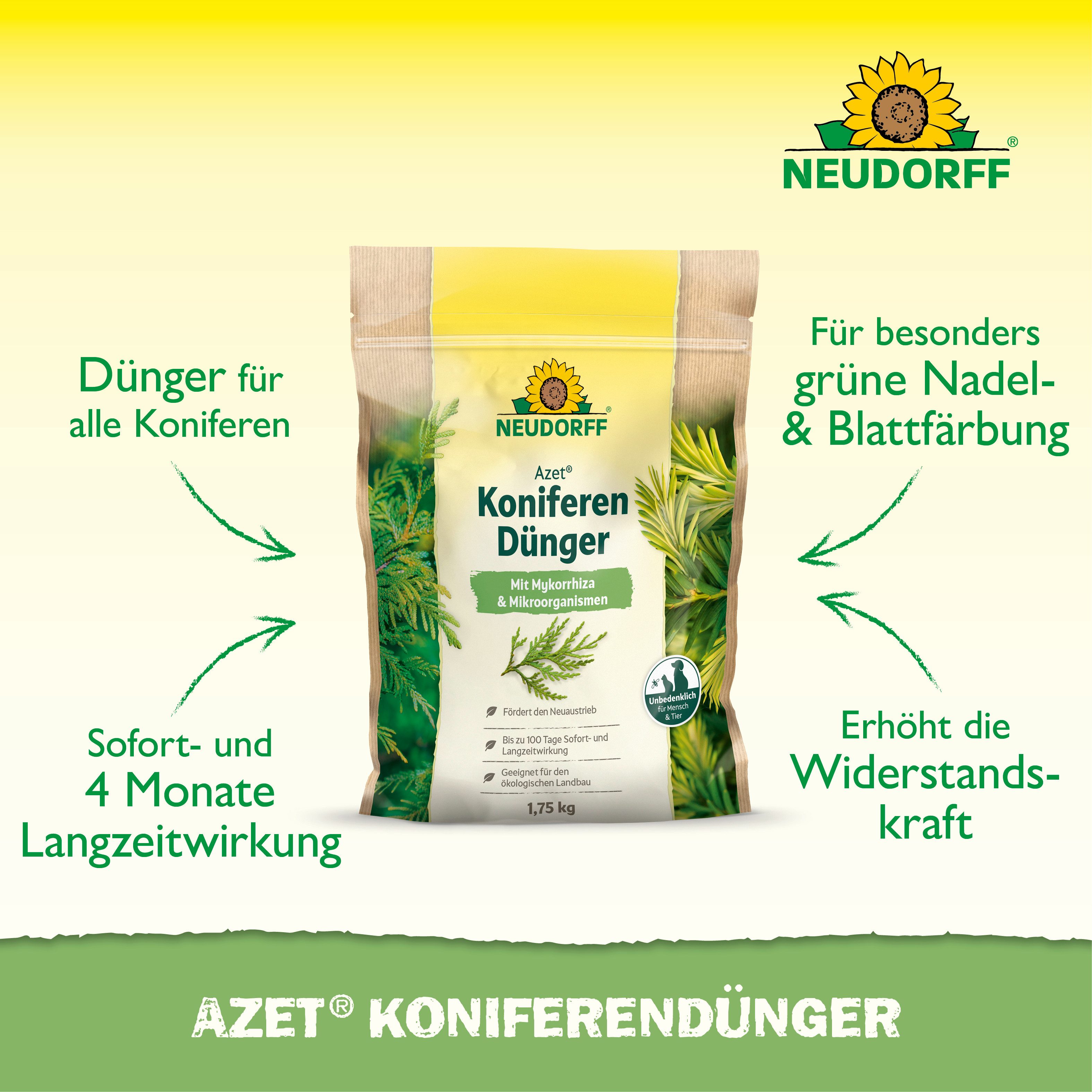 Neudorff Rasendünger Azet KoniferenDünger, Fördert kräftigen Neuaustrieb und eine kräftige Nadelfarbe, Bis zu 100 Tage Nährstoffversorgung für Koniferen, Mit My – Bild 2 von 5