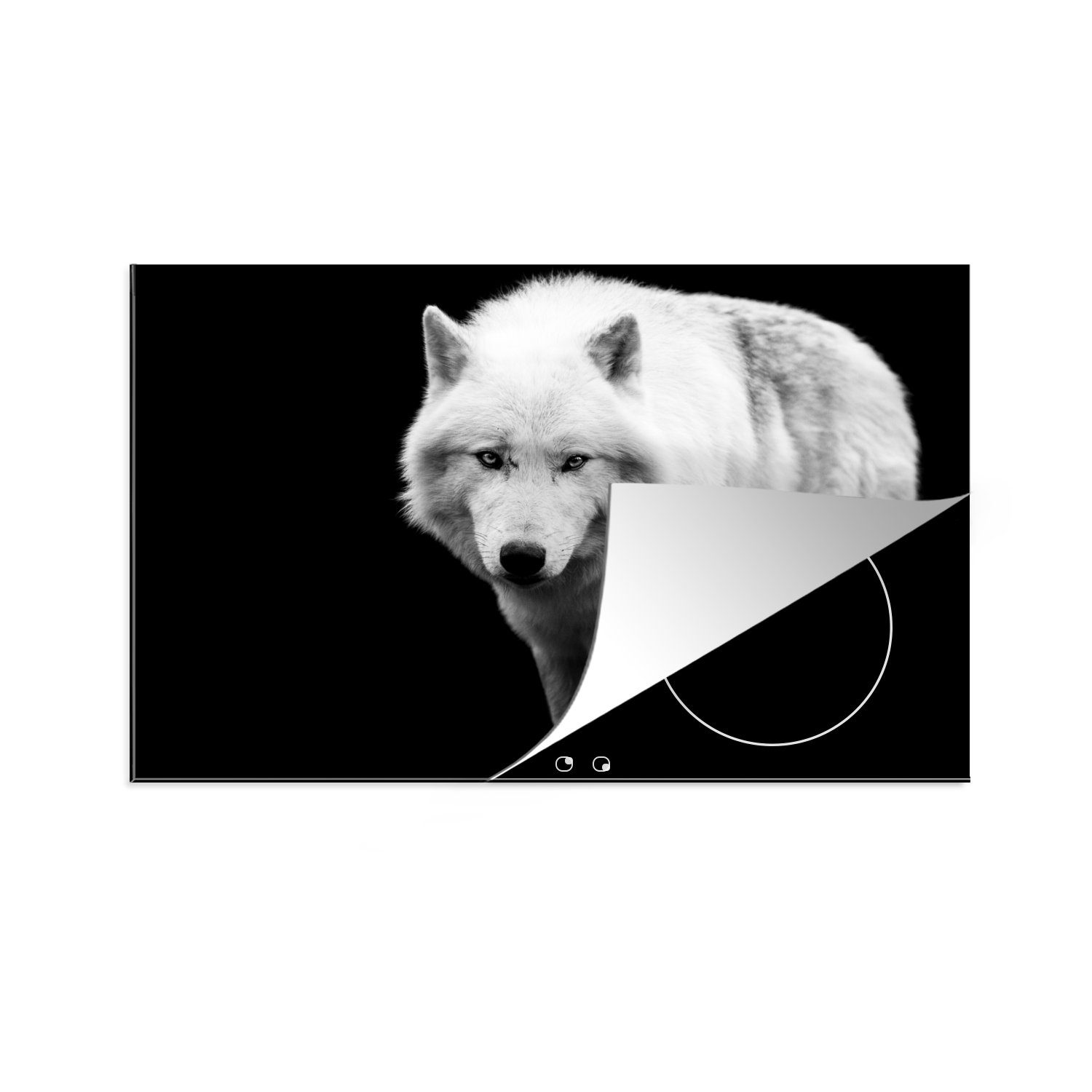 MuchoWow Herdblende-/Abdeckplatte Wolf - Tier - Schwarz - Weiß, Vinyl, (1 tlg), 81x52 cm, Ceranfeldabdeckung, Arbeitsplatte für küche