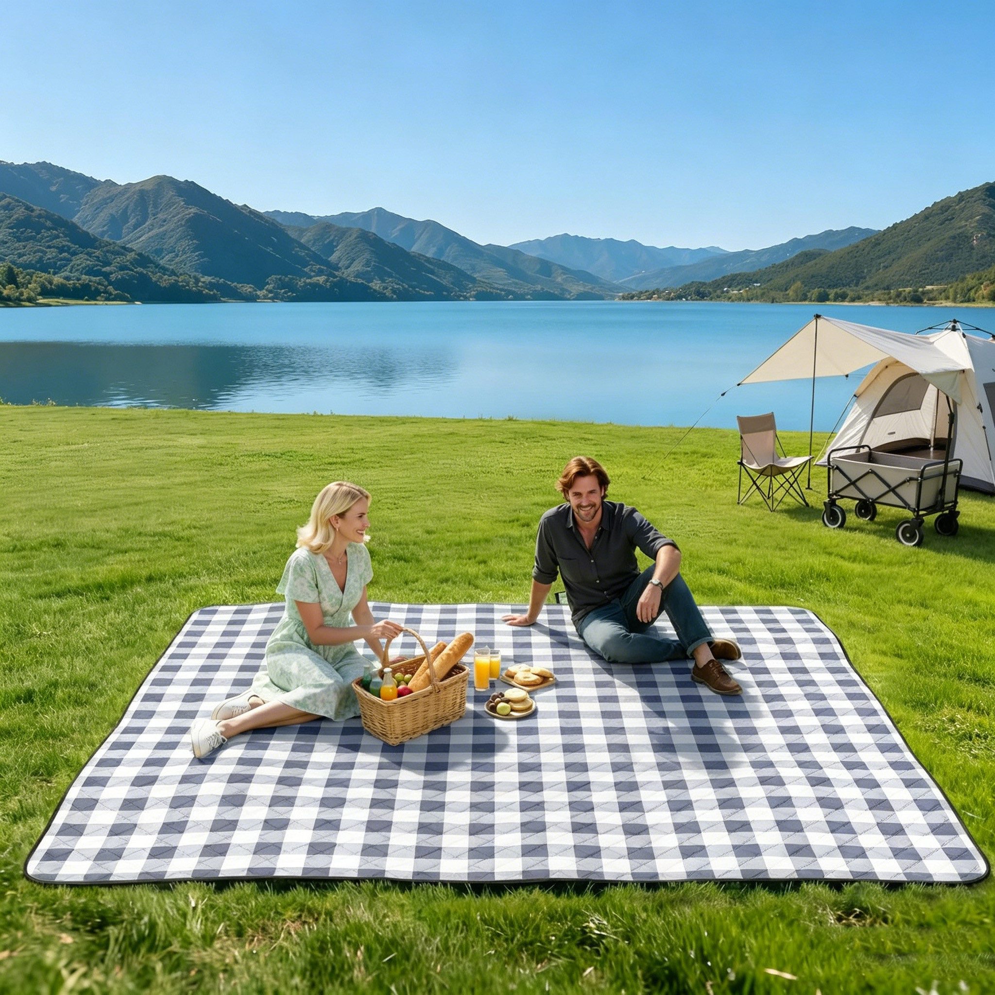 Picknickdecke Wasserdicht Groß Faltbar Strandmatte Campingdecke,200 x 200 cm, Agger, Wasserdichte Karierte Picknickdecke, faltbar, leicht, Outdoor, Strand
