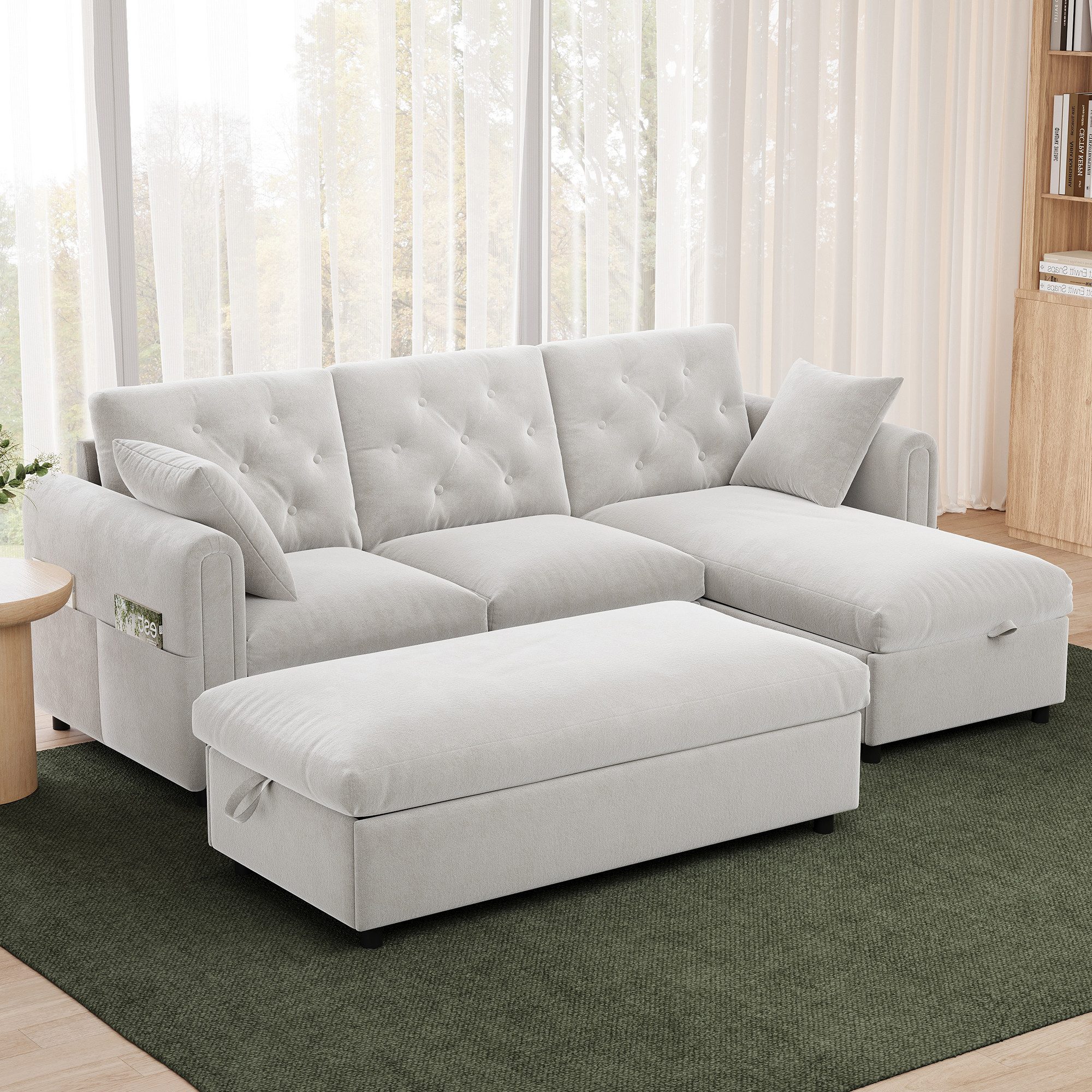 Flieks Ecksofa mit Schlaffunktion & Bettkasten, Chaiselongue links/rechts wechselbar, 219×131×86 cm, L-Form 3-Sitzer Schlafsofa inkl. Hocker mit Stauraum Samt Beige