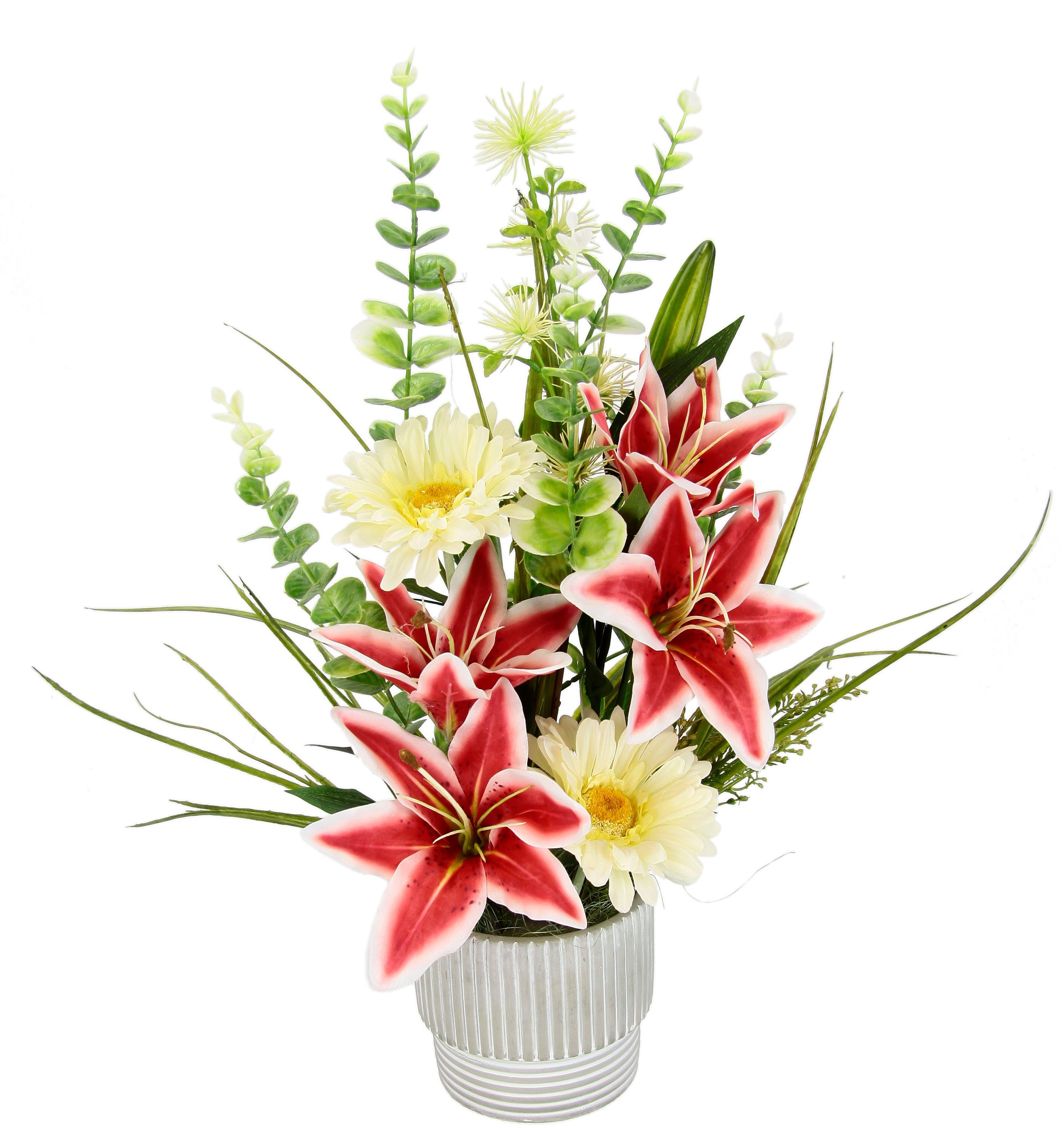 Kunstblume Blumenarrangement aus Lilien und Gerbera im Topf aus Keramik
