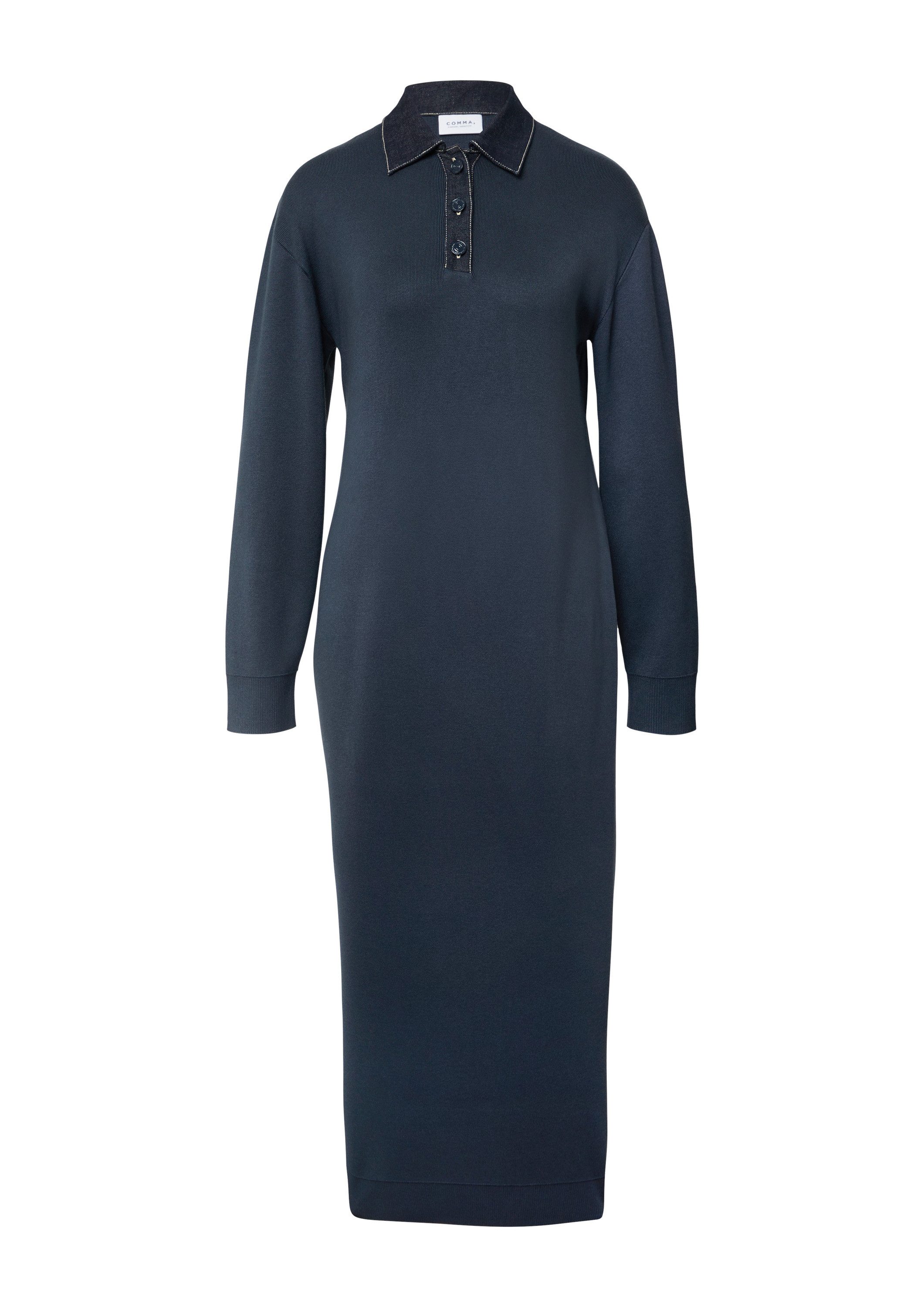 comma Midikleid Kleid Strickkleid mit Denim-Polokragen und überschnittenen Schultern