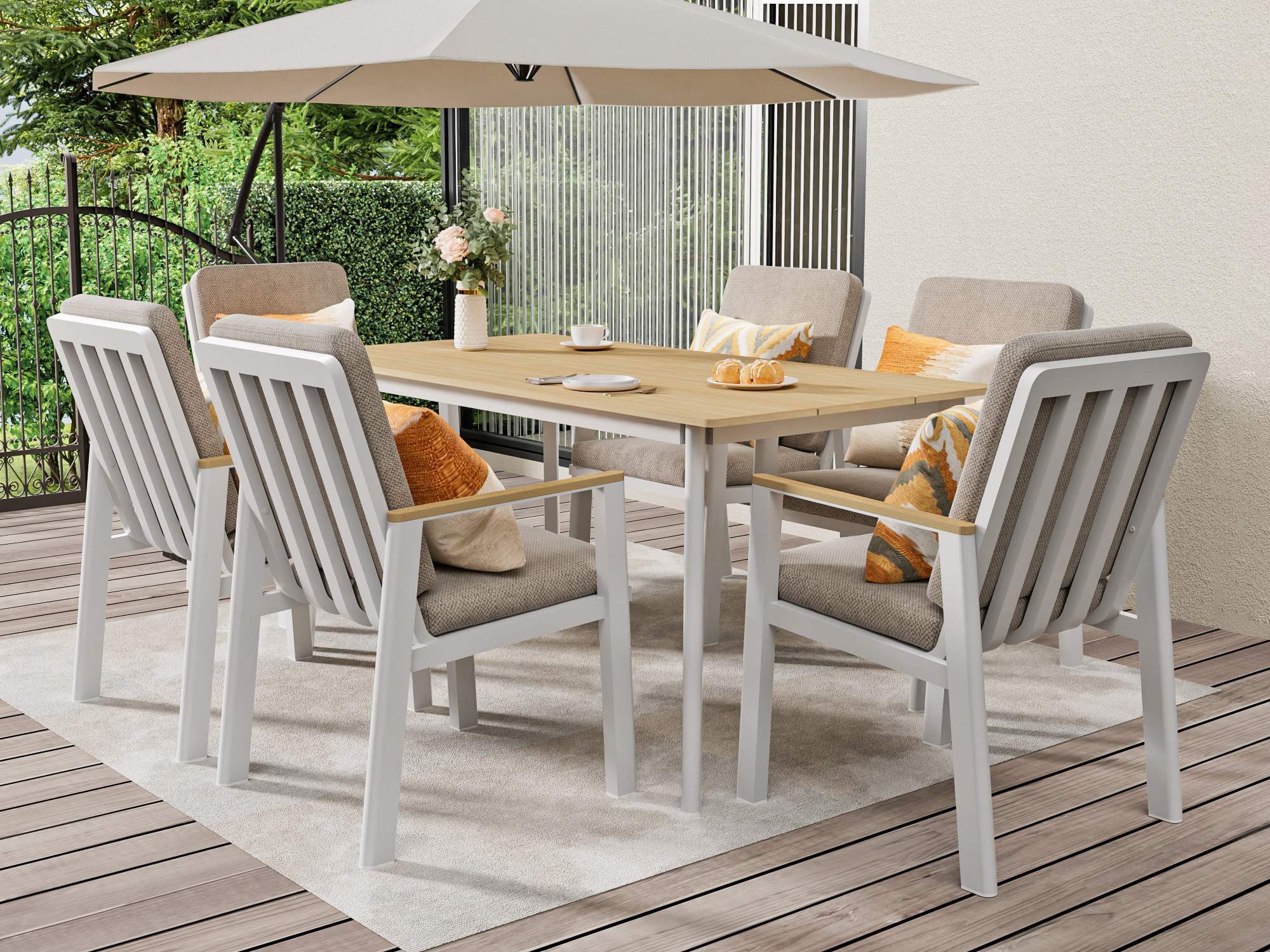 MeXo Gartenlounge-Set Garten Essgruppe für 6 Personen, (Gartenmöbel-Set aus Aluminium, 7-tlg., mit ergonomischen Sesseln inkl. Kissen), Belastbarkeit pro Sitzplatz 140 kg