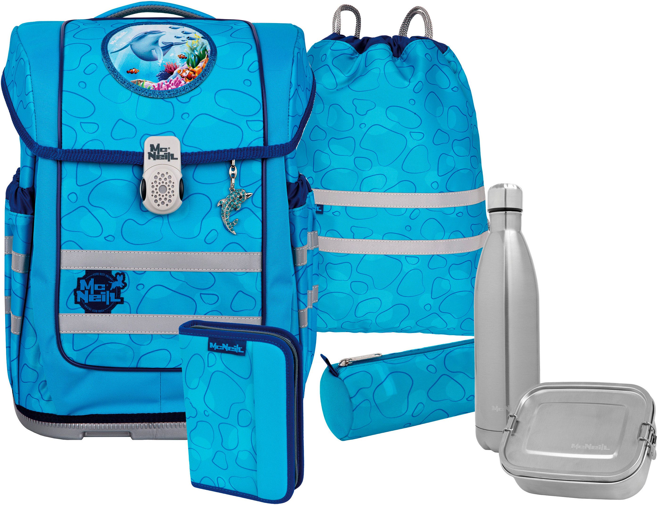 McNeill Schulranzen Ergo Compacto, Bubble (Set, 5-tlg), inkl. Federmäppchen, Turnbeutel, Schlamperrolle & Motivmagnet