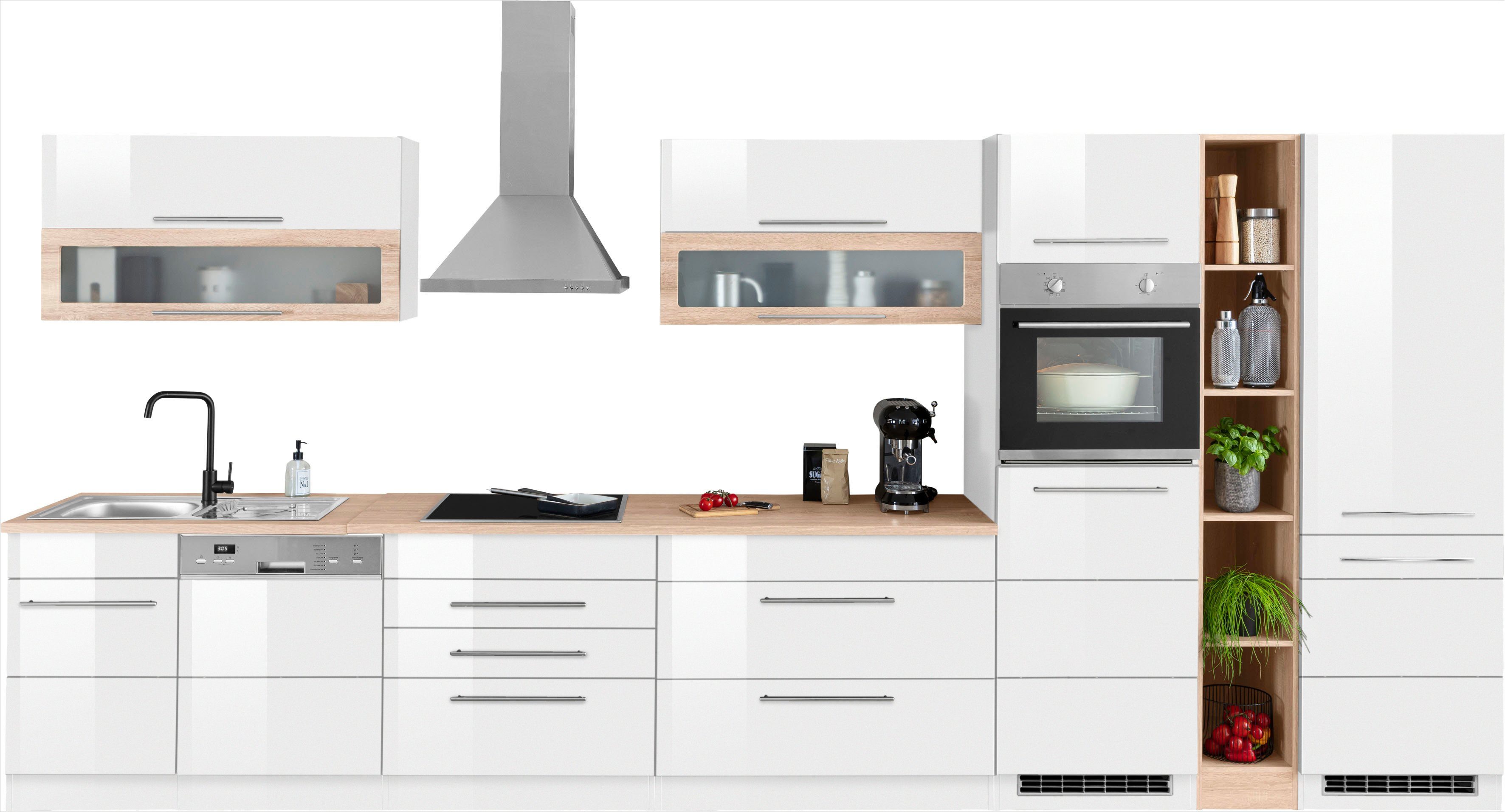 HELD MÖBEL Küchenzeile Hochglanz/weiß-wotaneiche E-Geräten weiß und Hochglanz mit | Wien, 440 Induktion Breite weiß weiß cm, wahlweise 