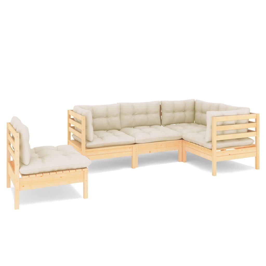 vidaXL Gartenlounge-Set 5-tlg. Garten-Lounge-Set mit Creme Kissen Kiefernholz, (5-tlg)