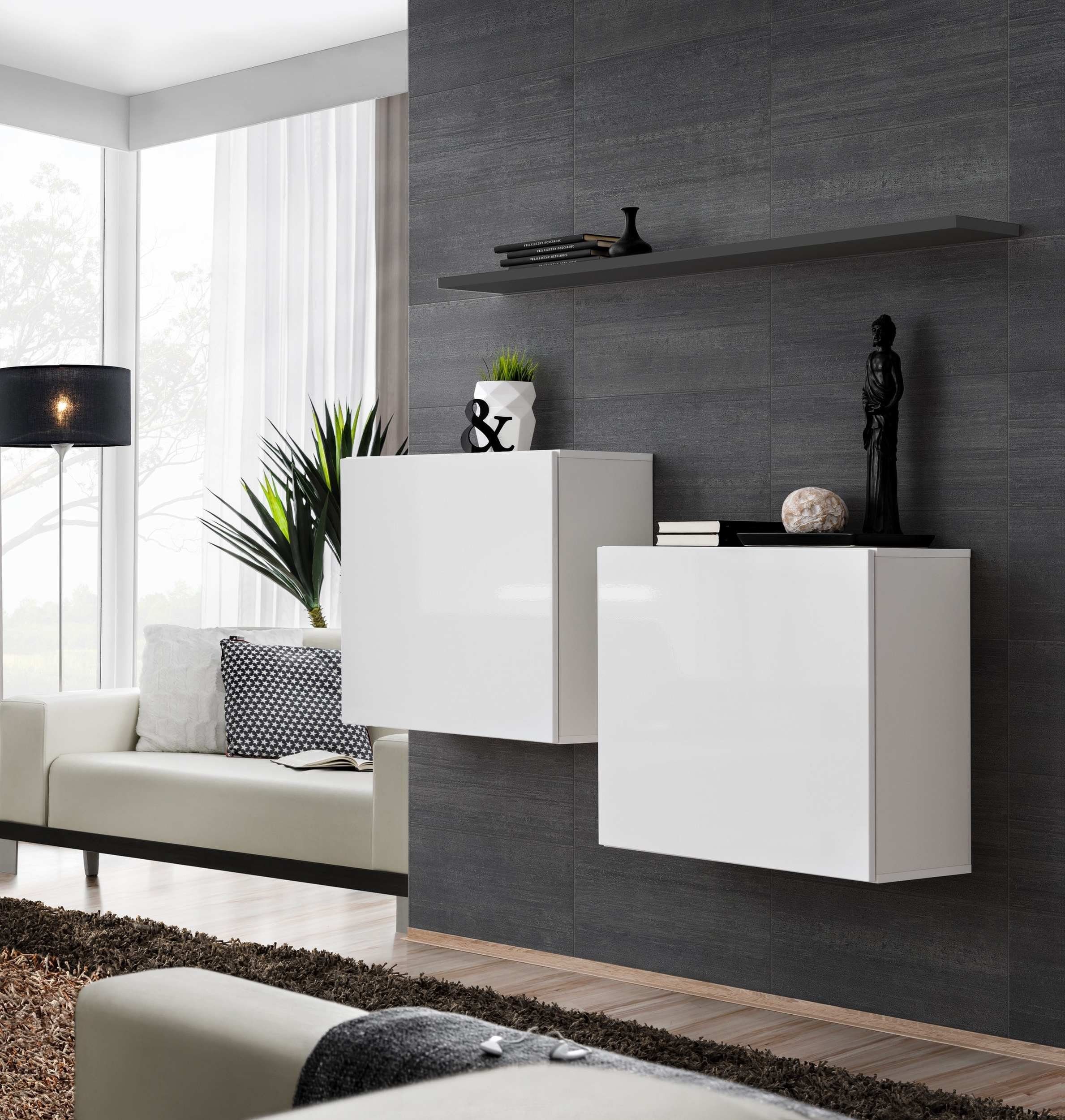 Stylefy Wohnwand Swotch SB I 110x130x30 cm, (Wohnmöbel, Wohnzimmer-Set, Set (3-St), bestehend aus 2xHängeschrank, 1xWandboard, Hochglanzfronten, mit Push-to-Open, Modern Weiß - Graphit
