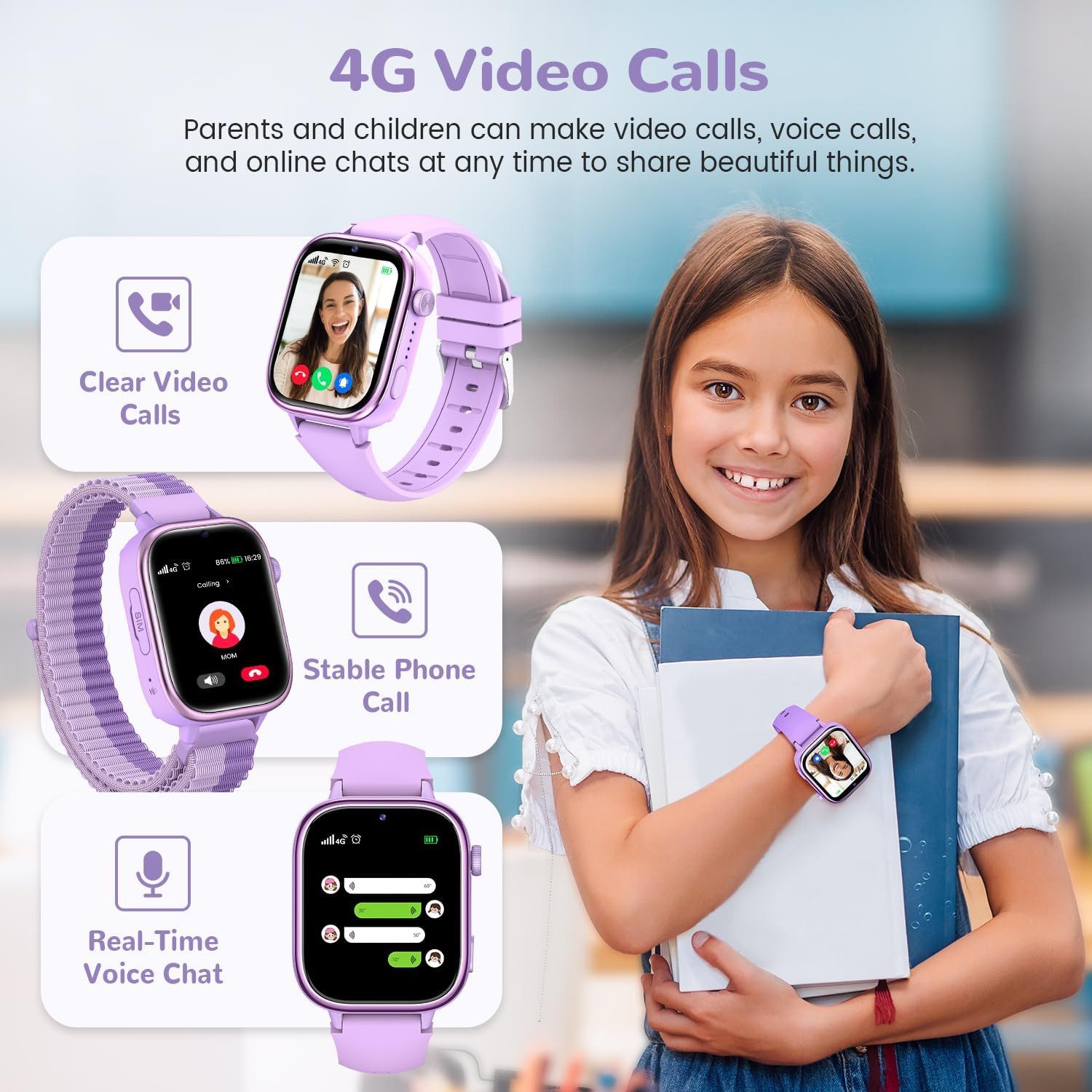 Zevelora GPS und Telefon, SOS Funktion Kinder Smartwatch (1,83 Zoll, 4G), mit Videoanrufe, Nachrichten, Schulmodus, Wecker, Kamera Schrittzähler