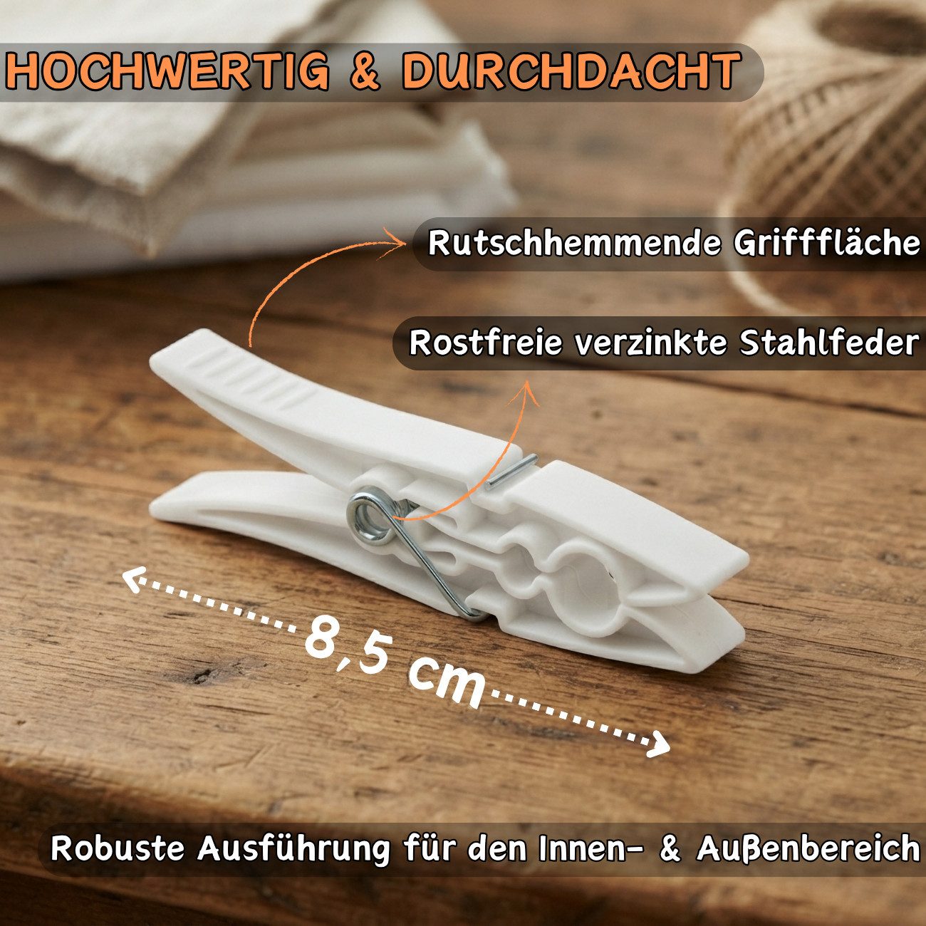 Engelland Wäscheklammern Set, Kunststoff, starke Feder & sicherer Halt, stabil & robust, für Innen & Außen, BPA-frei & ohne Weichmacher, Made in Europe, 8,5 cm