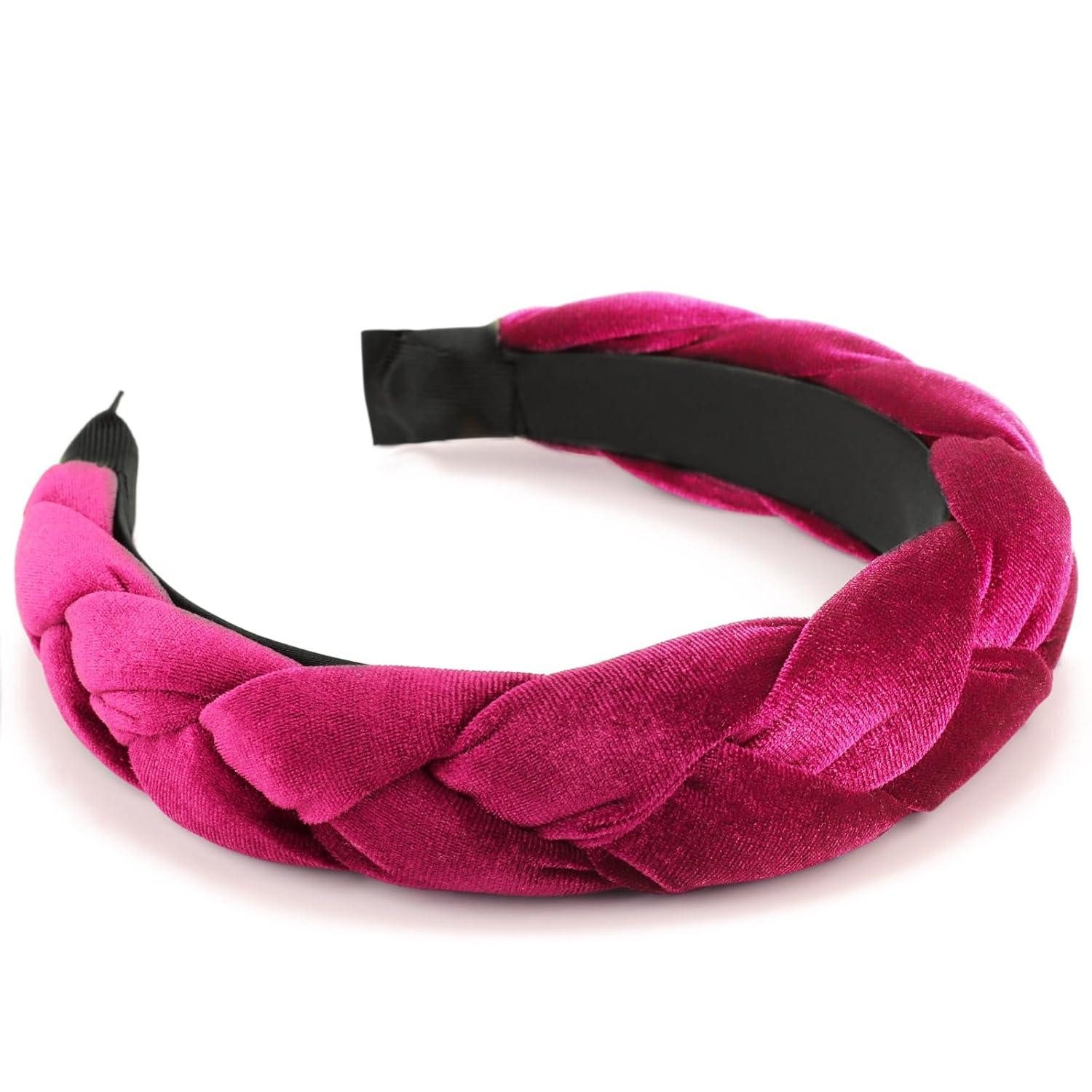Haarreif Geflochtenes Stirnband Damen Samt Elastisch Haarband Fuchsia 1