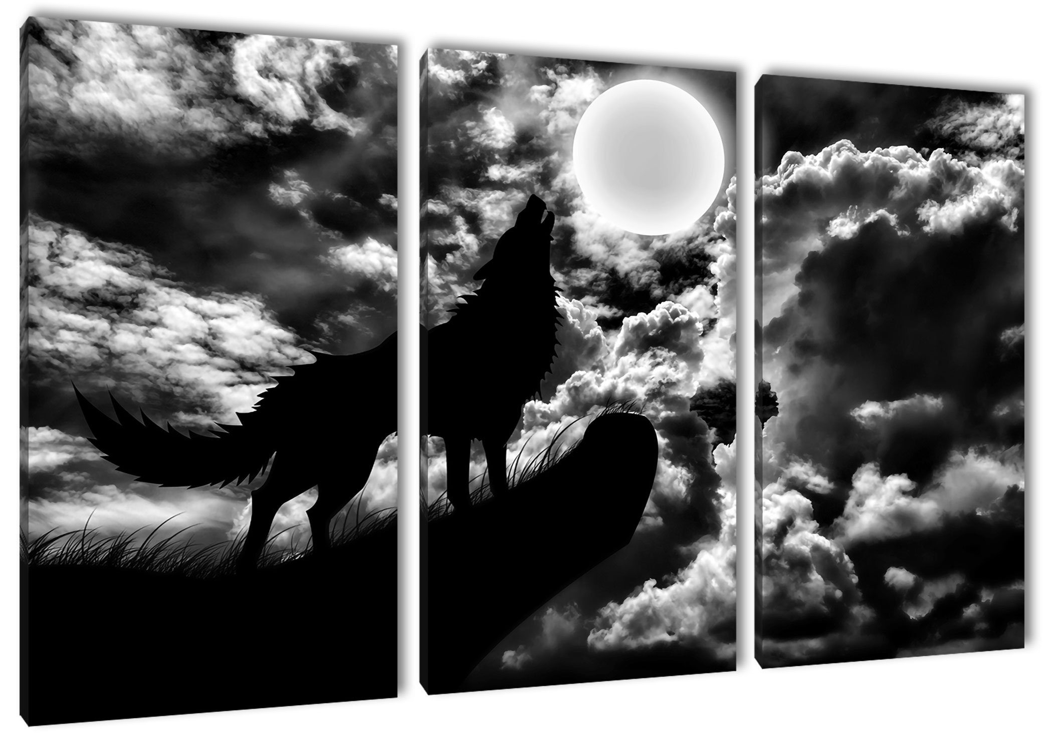 Pixxprint Leinwandbild Wolf im Mondschein, Wolf im Mondschein 3Teiler (120x80cm) (1 St), Leinwandbild fertig bespannt, inkl. Zackenaufhänger