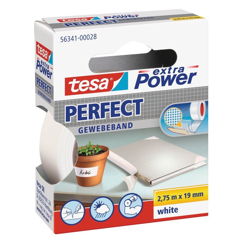 Klebeband tesa® extra Power® Perfect 56341 Gewebeband weiss 19mm x 2,75m