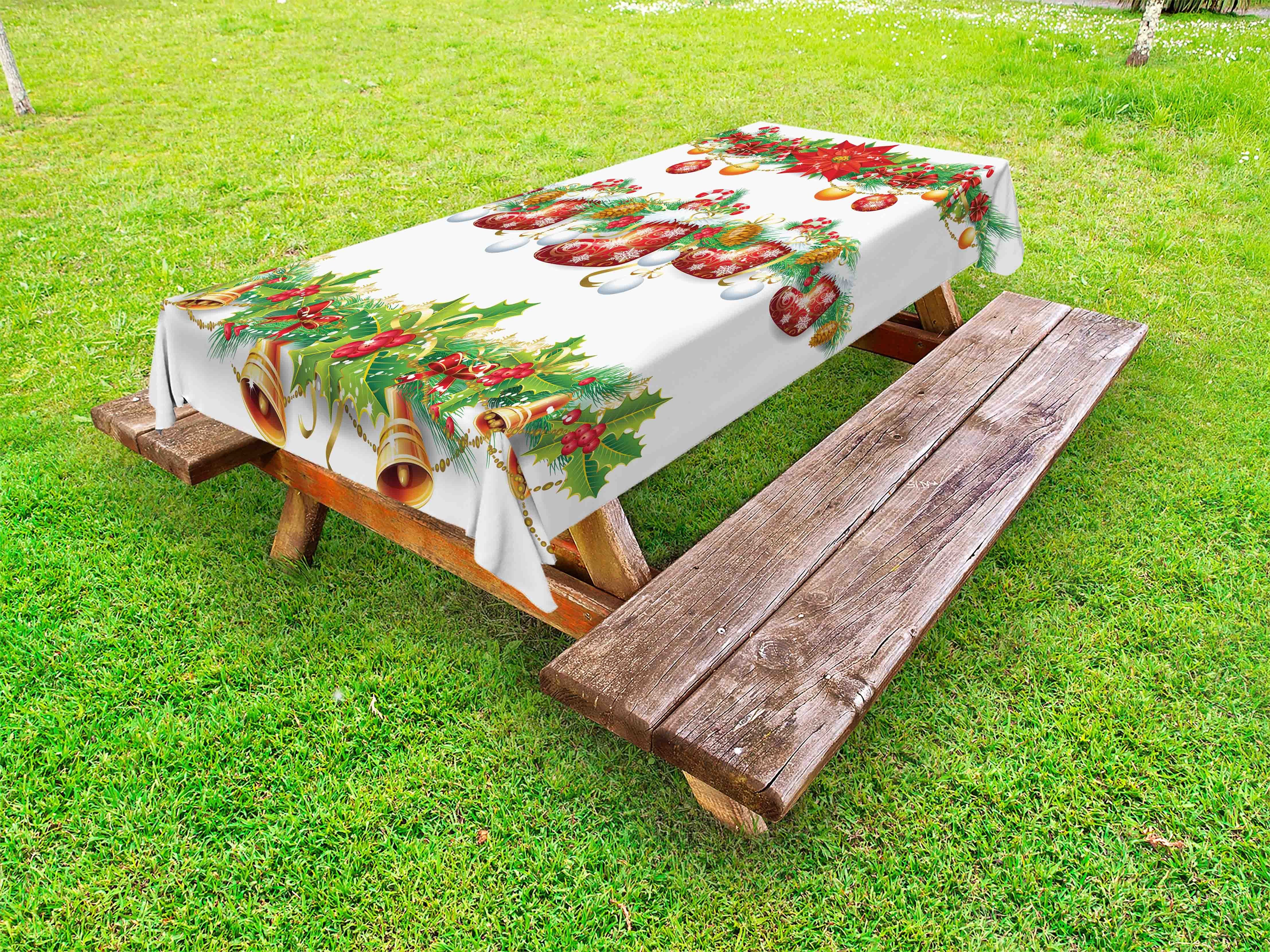 Weihnachten Picknick-Tischdecke, Glocken dekorative Abakuhaus waschbare Tischdecke Blumen und Socken