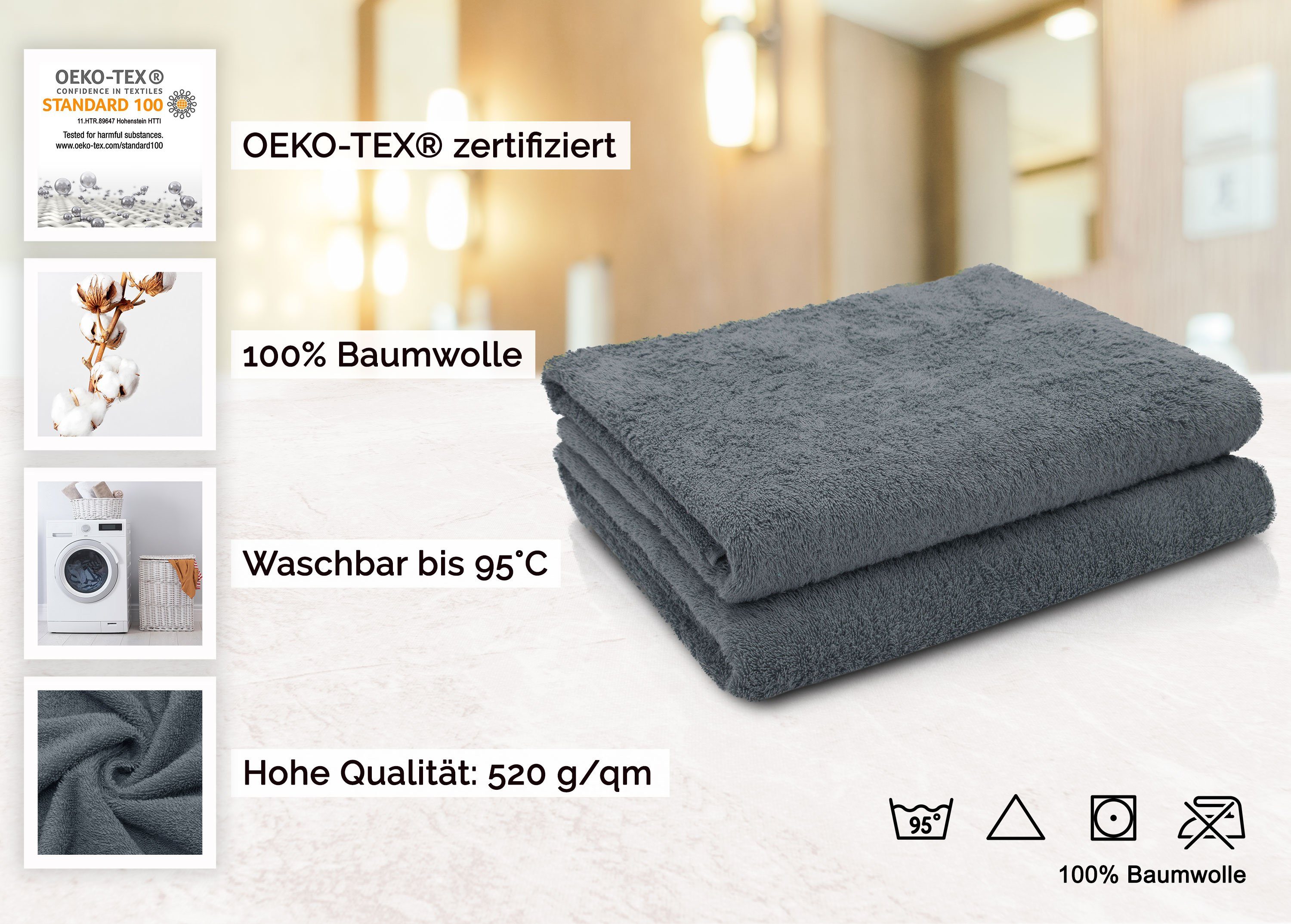 100 150 Baumwolle, Walkfrottier Hotelwäschespezalisten x Badetücher, 100% cm, ZOLLNER grau (2-St), vom