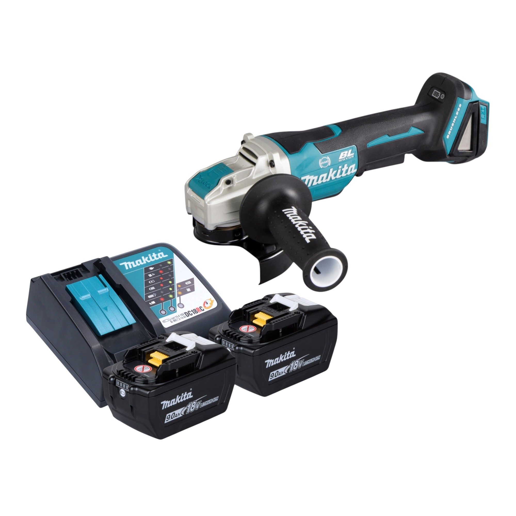 Makita Akku-Winkelschleifer DGA 520 ZX1 18 V 125 mm X-LOCK Brushless + 2x Akku 9,0 Ah + Ladegerät