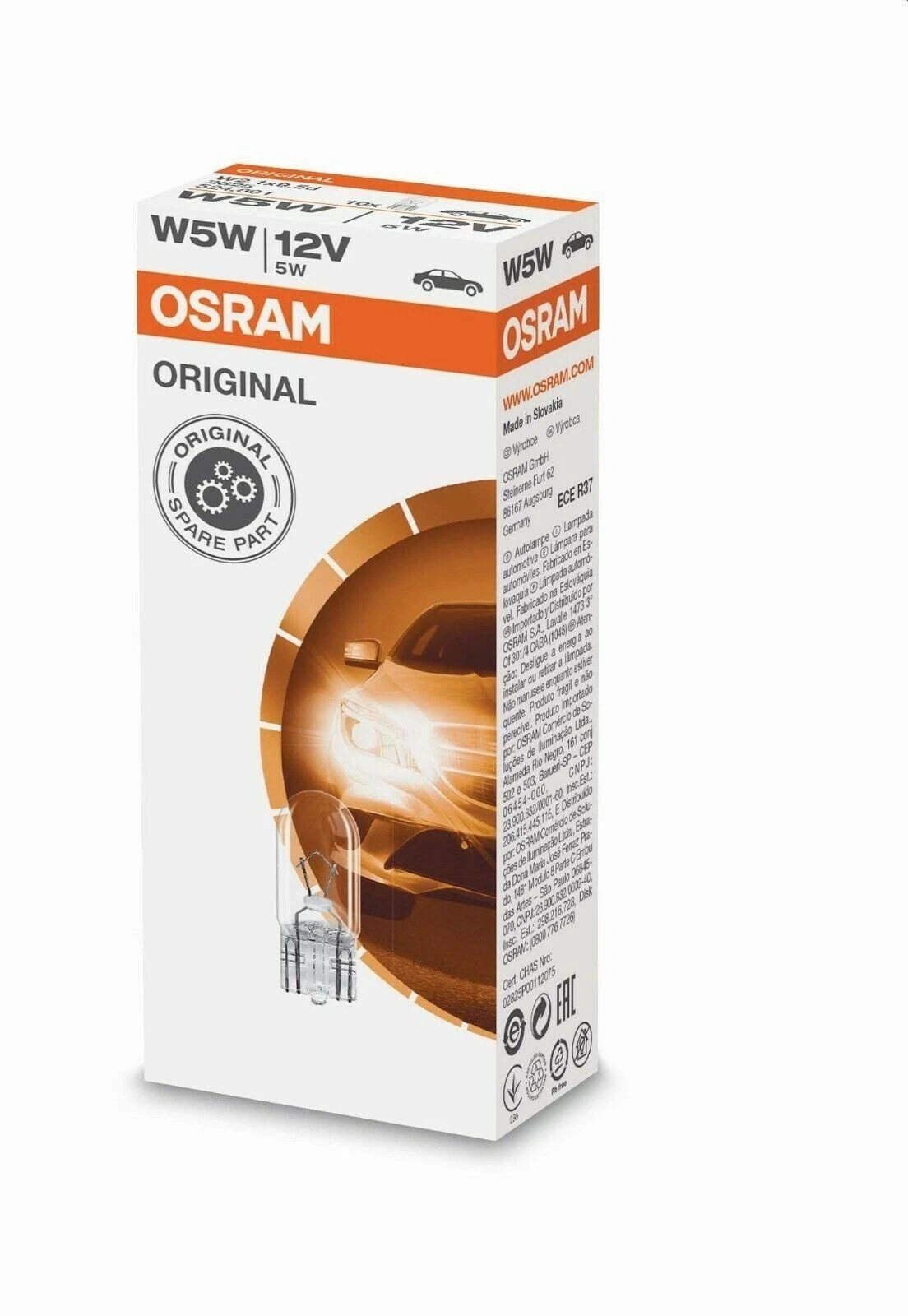 Osram KFZ-Ersatzleuchte W5W Standlicht T10 5W Glassockel Birne Original Lampen 2825 12V, W5W, 10 St., Warmweiß, Osram Original Line