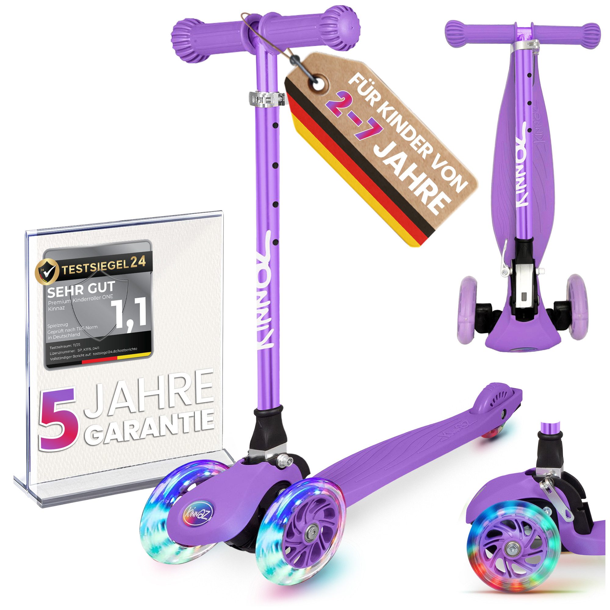 KINNAZ Dreiradscooter ab 2 Jahre LED, faltbar, Höhe flexibel, Kinderoller, Scooter, Roller, (Kinderroller, kinnaz ONE), Händler aus Hamburg