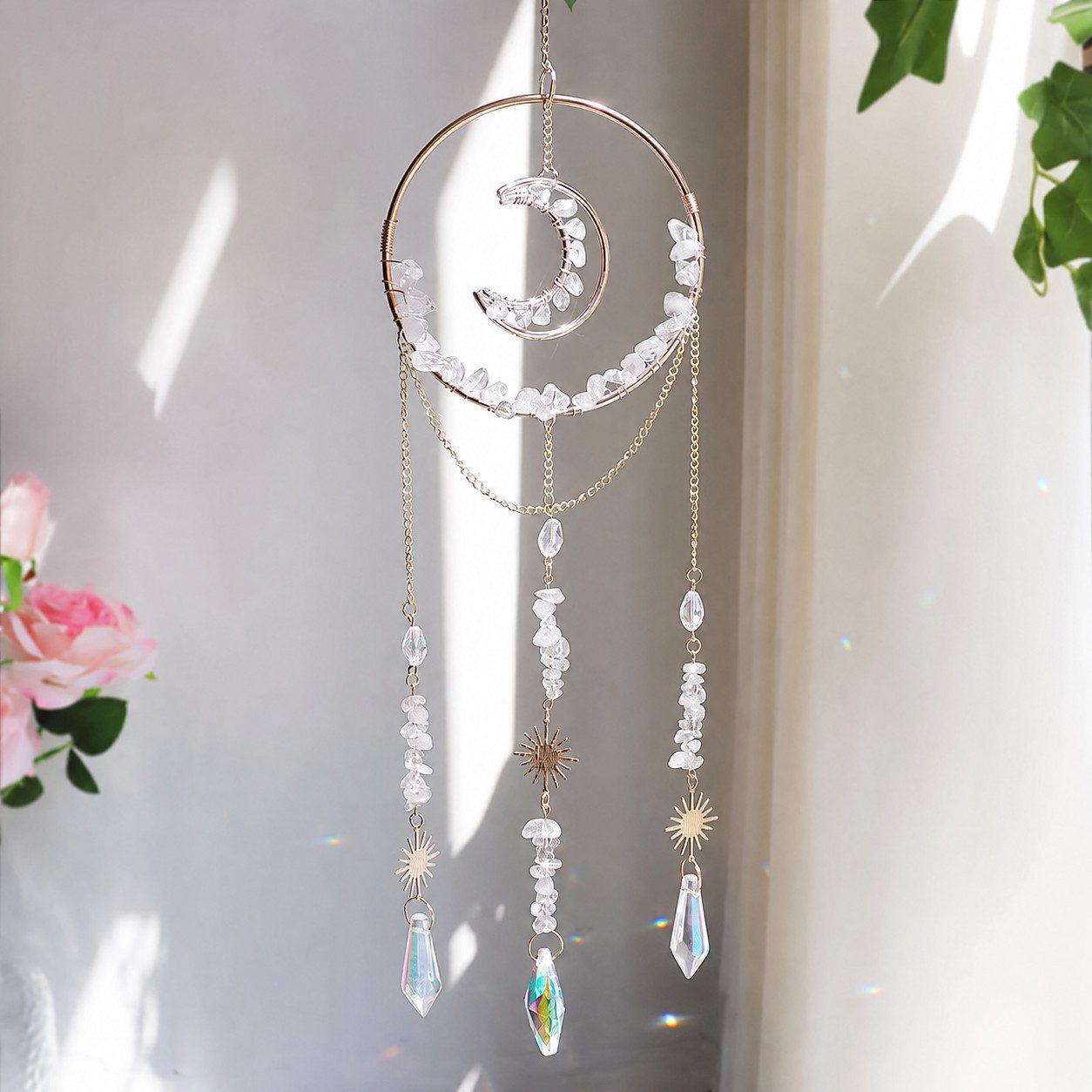 Karmandala Fensterdekoration Lichtspiel Edelstein Sonnenfänger mit Kristall Regenbogen Windspiel, echte Bergkristall Steine für Klarheit, Fokus und Ausgeglichenheit