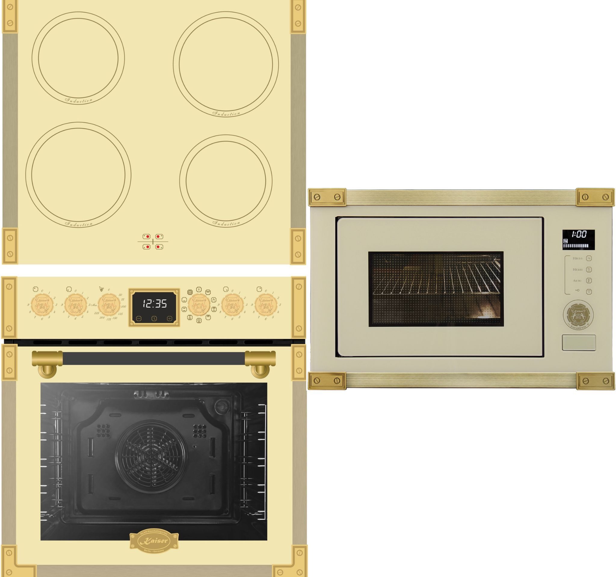 Kaiser Küchengeräte Induktions Herd-Set Retro Herdset Backofen 74 l mit Induktionskochfeld+Einbau-Mikrowelle, 25 l, Retro MIkrowell, 60cm EHC 6776 I ElfAD+EM 2545 ElfAD, mit 1-fach-Teleskopauszug