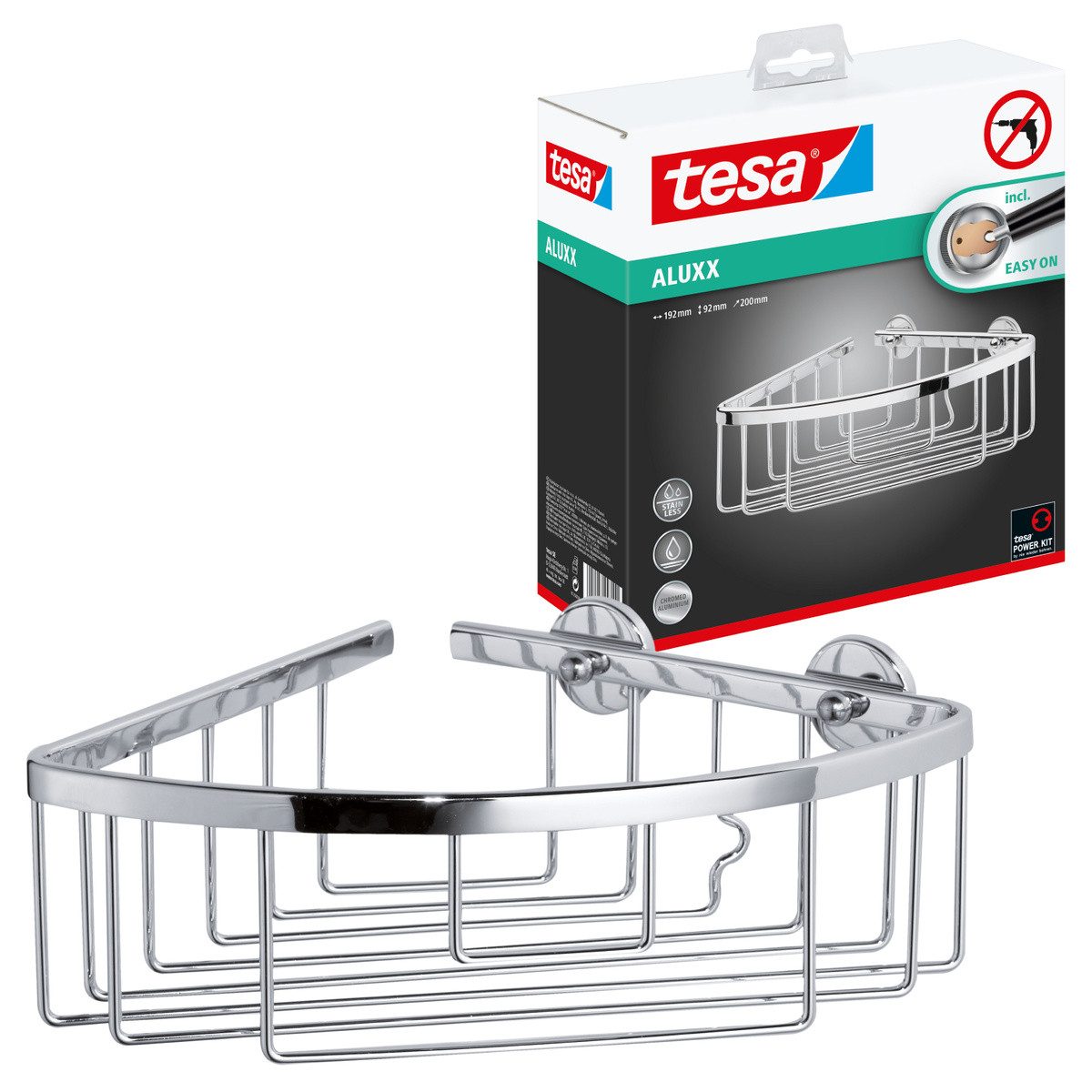 tesa Duschregal Aluxx Duscheckablagekorb ohne Bohren - 9,2x19,2x20 cm, 1-tlg., selbstklebendes Hängeregal für die Dusche - chrom - silber glänzend