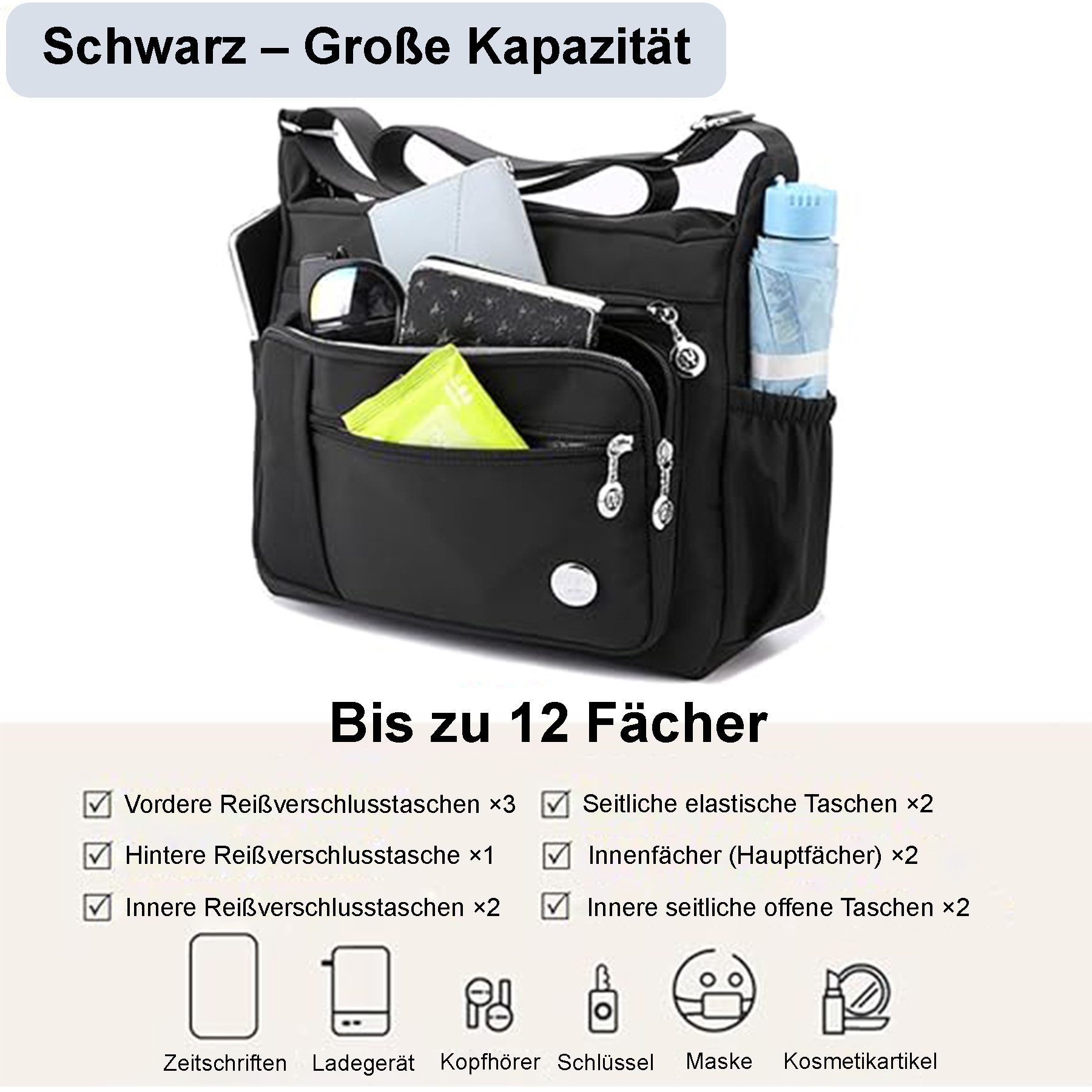 Mutig Schultertasche Umhängetasche Damen, Wasserdicht Nylon Schultertasche (Mehrfachtasche Handtasche mit RFID Geldbörse, Vintage Einfarbige, Crossbody, Schultertasche, Freizeit), Groß Stofftasche Handtaschen Strandtasche
